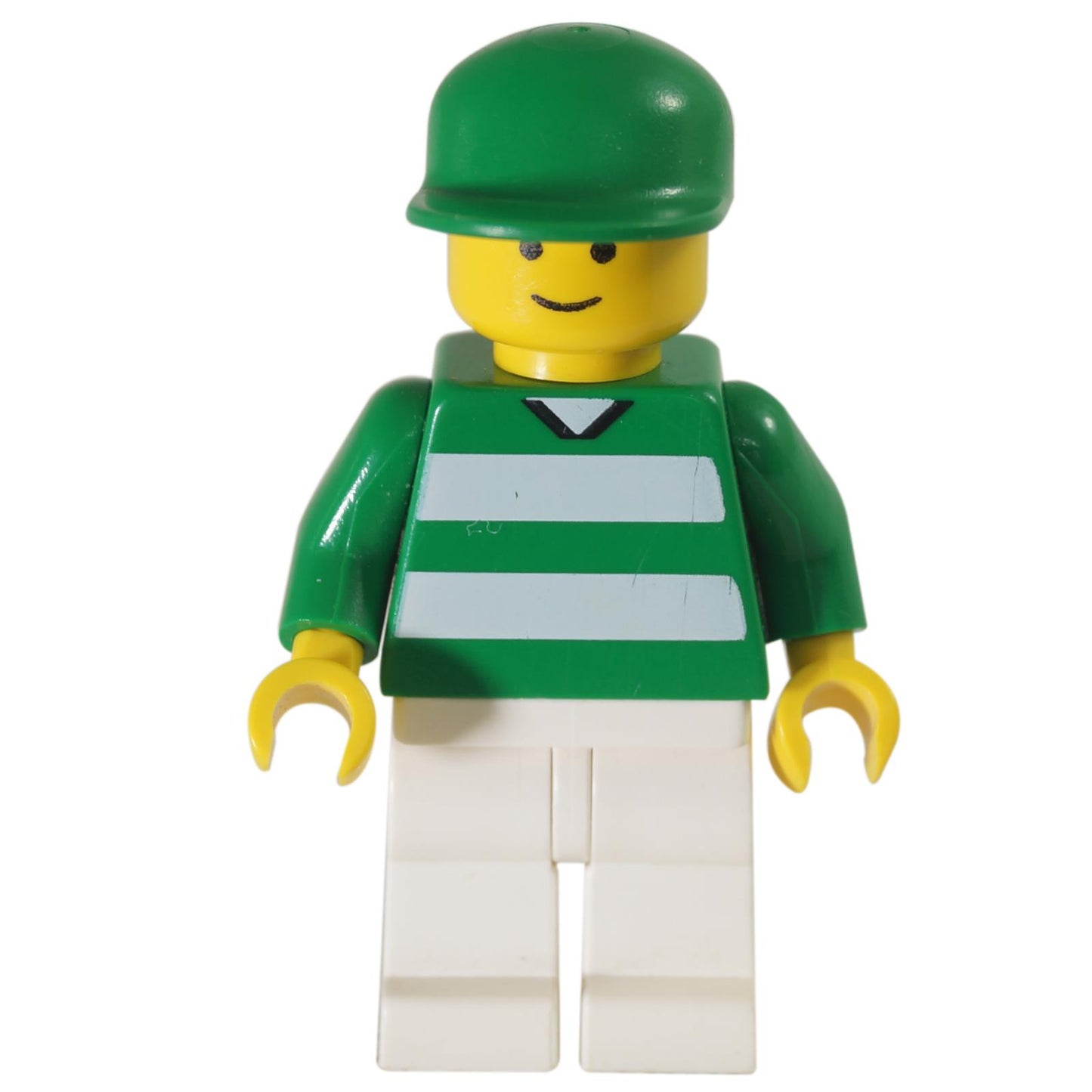 LEGO® Soccer Fan minifigure (soc046) with green and white striped shirt, green cap, and classic smile, front view.