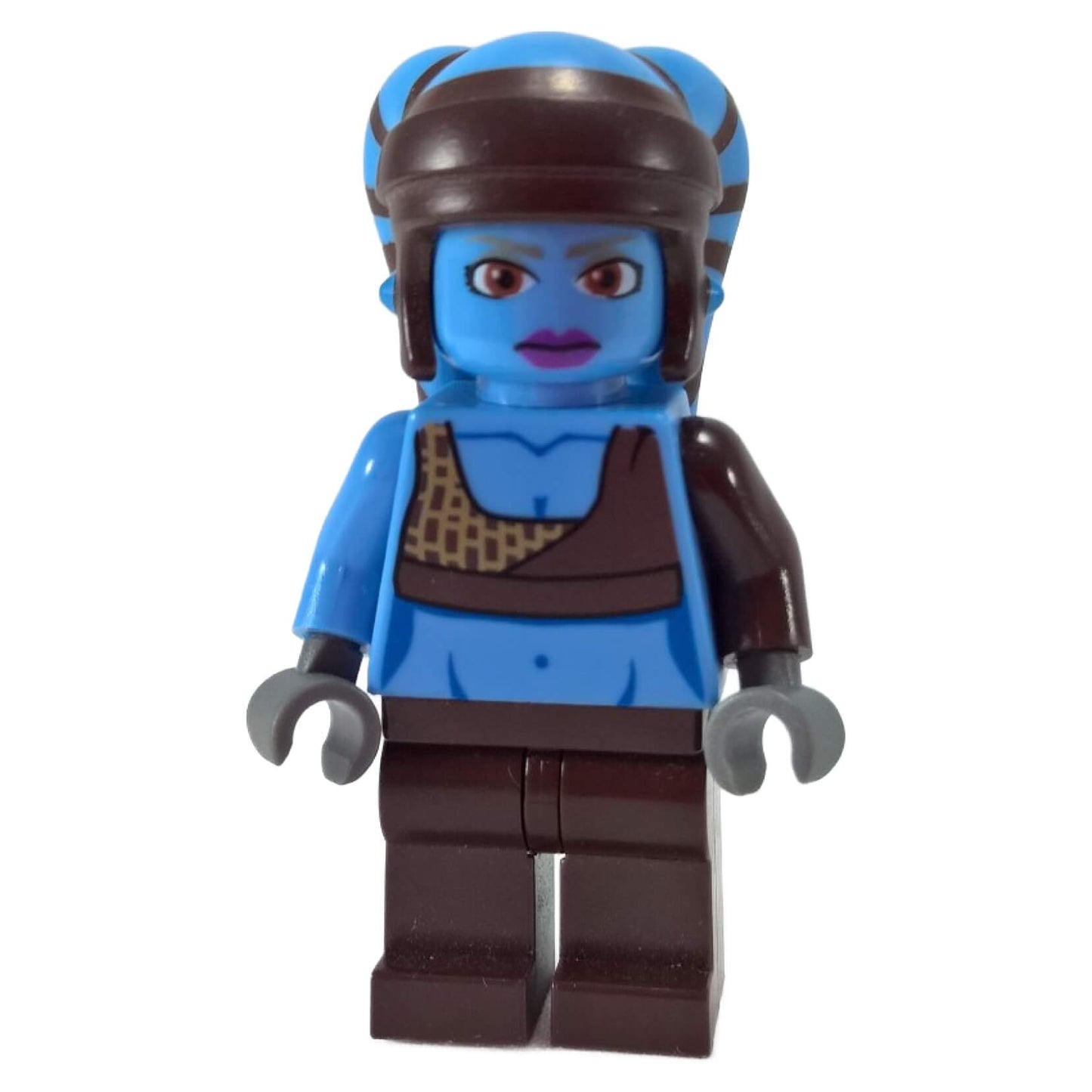 LEGO Aayla Secura minifigure, blue skin, brown robes, front view