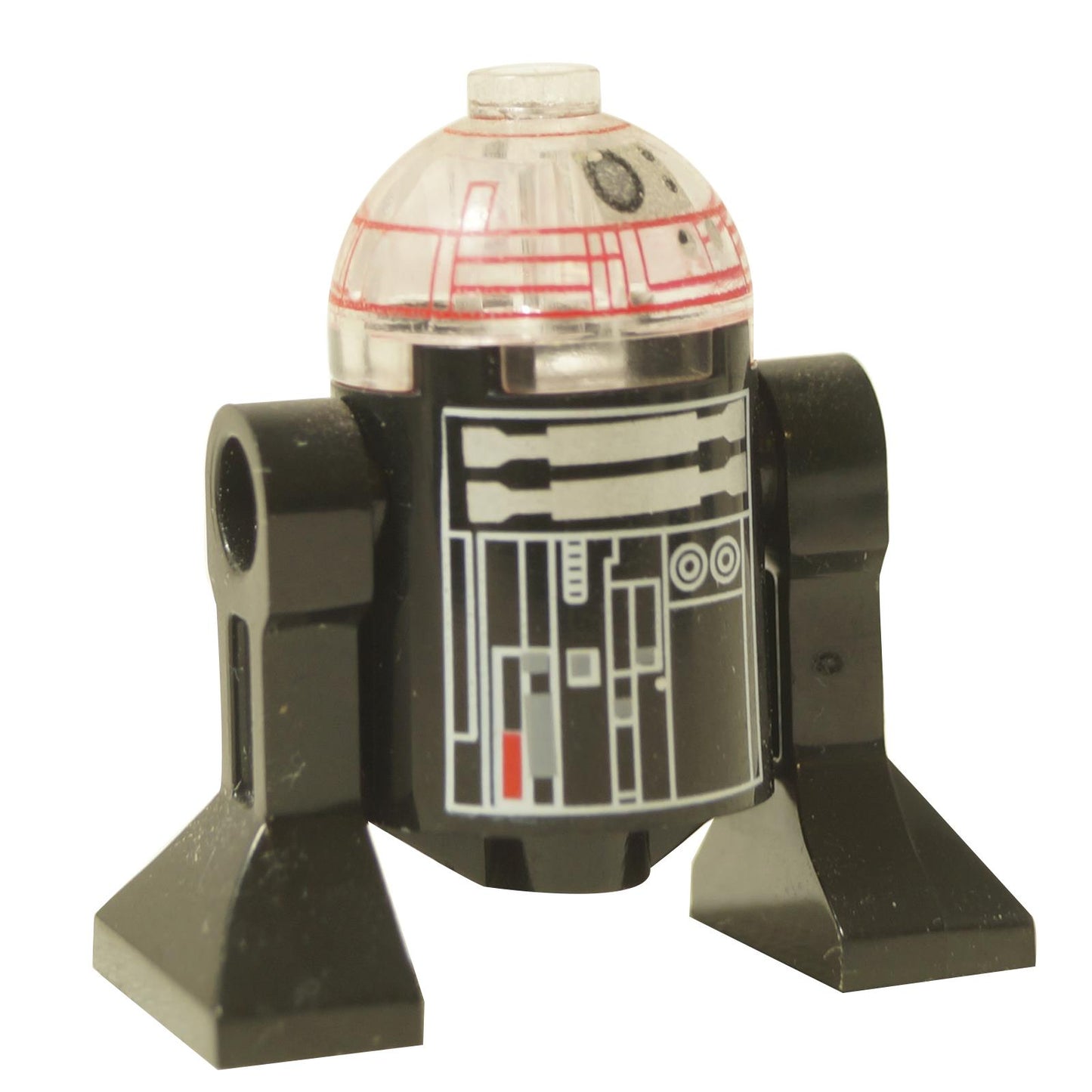 LEGO® Droide astromecánico imperial de Star Wars (sw0648) con un cuerpo negro y una cúpula transparente con impresión roja, vista frontal.