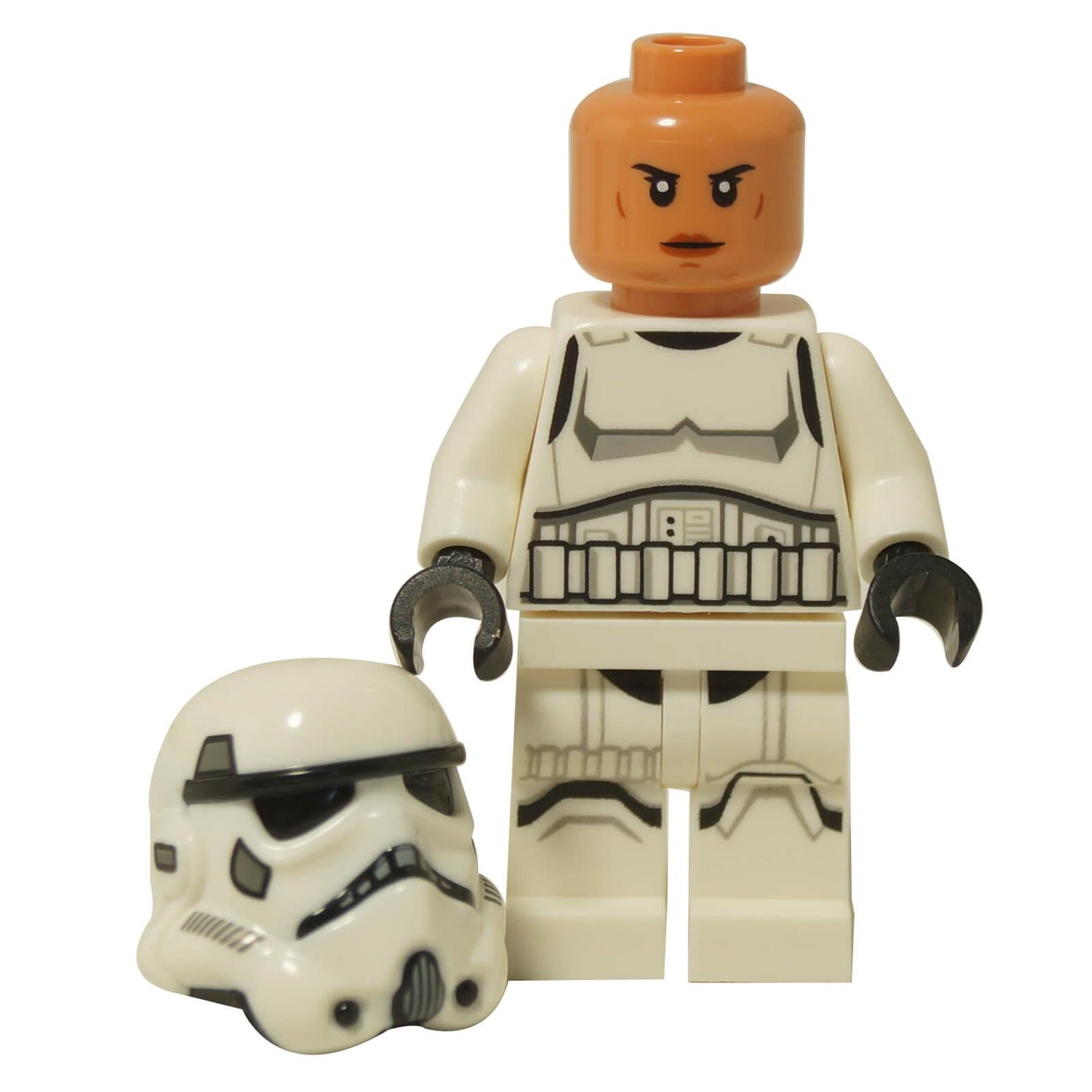 LEGO® Minifigura de Stormtrooper Imperial de Star Wars sw1275 mostrada sin casco, torso y piernas de armadura blanca con un casco blaster al lado de la figura