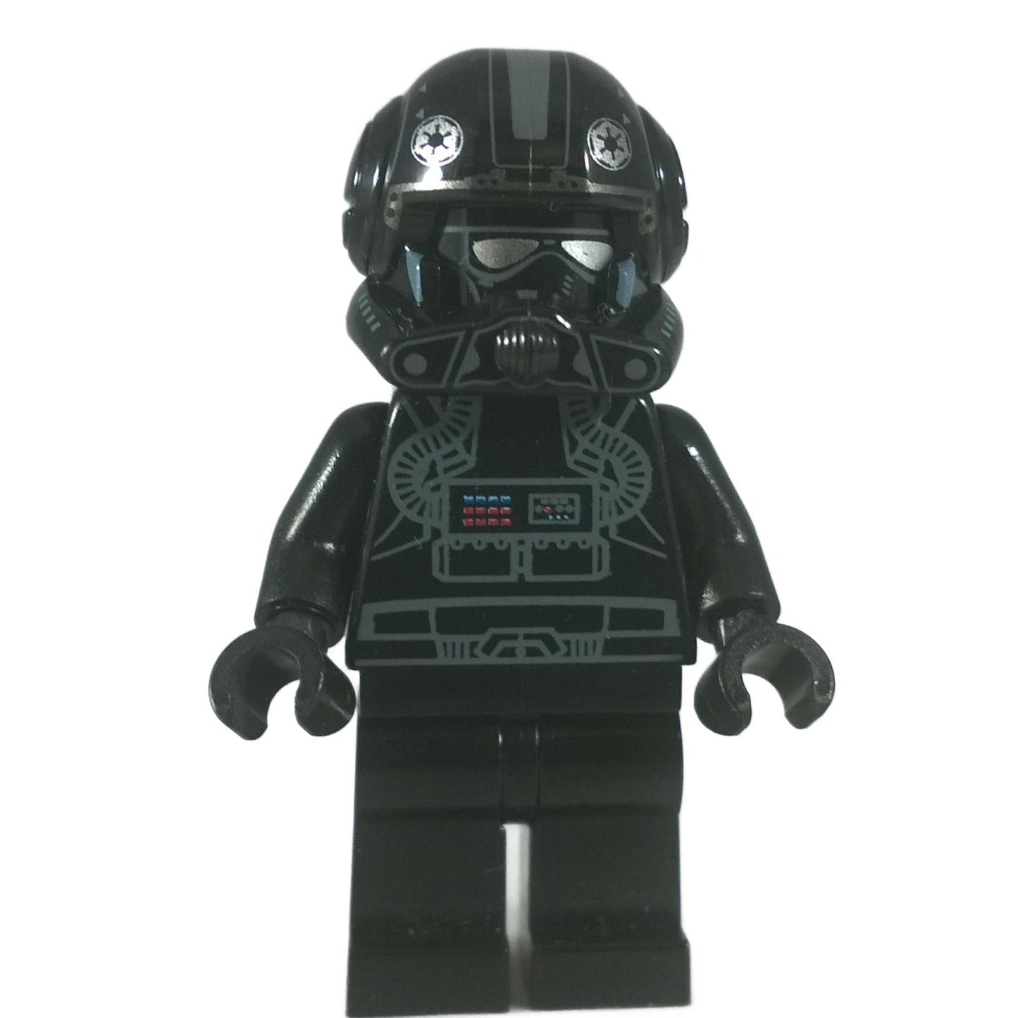 LEGO® Minifigura del piloto Imperial V-wing de Star Wars (sw0304) con casco negro detallado y traje de vuelo, vista frontal.