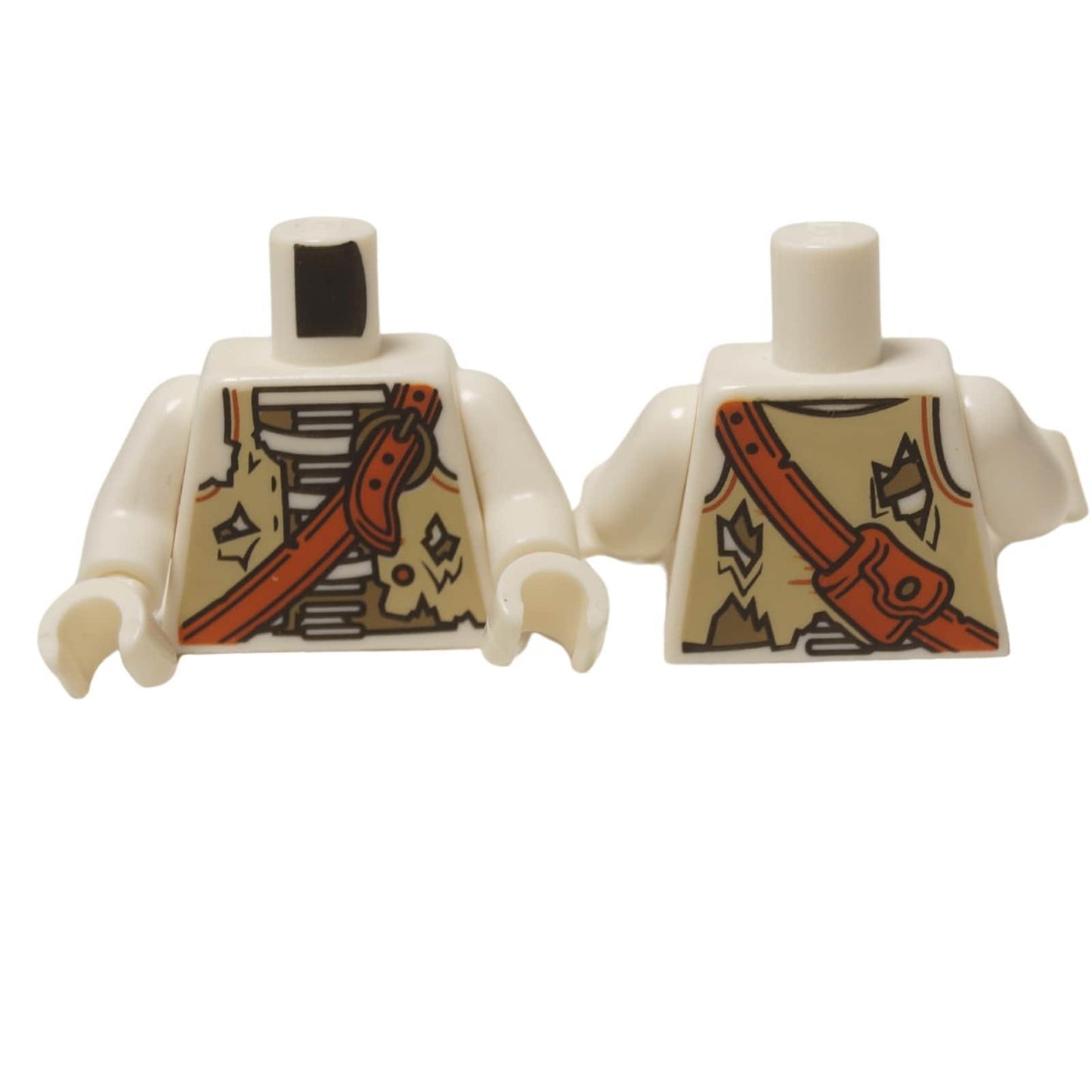 LEGO® Torso (973pb5154c01) with a tattered tan and dark tan vest and a reddish-brown shoulder belt, showing front and back printing.
