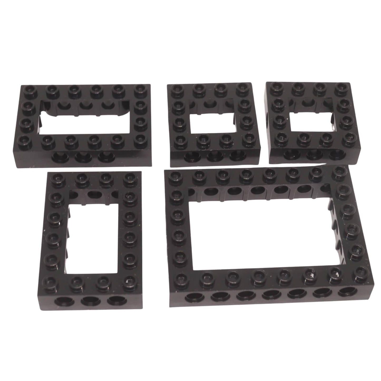 5 black LEGO® Technic open centre bricks — 2x 32531 (4x6), 2x 32324 (4x4), 1x 32532 (6x8) with Technic pin holes