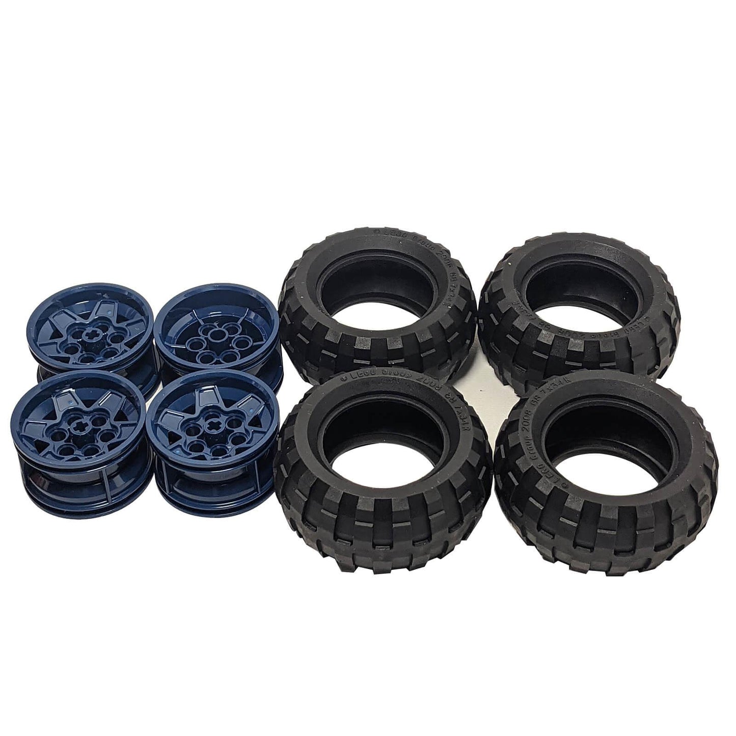 4 LEGO® Technic dark blue five-spoke wheels 56908 with black off-road tires 61480, deep block tread pattern