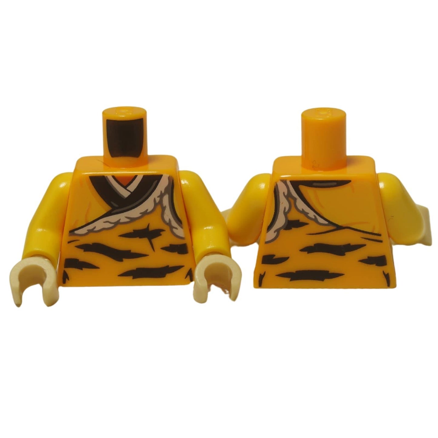 LEGO® Torsos (973pb5032c01) con un patrón de rayas de tigre en naranja claro y negro y un borde de pelaje blanco, mostrando detalles frontales y traseros.