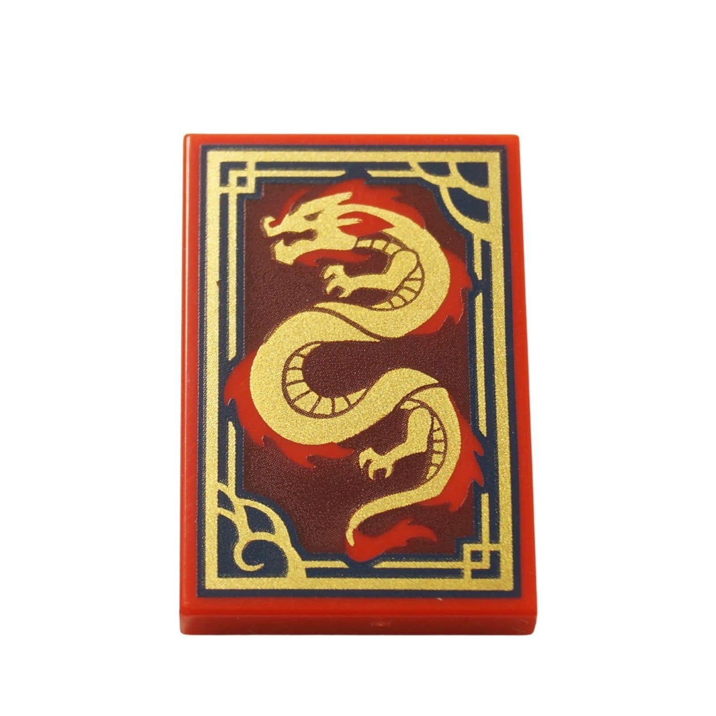 LEGO printed tile 26603pb472 red 2x3 with gold dragon on dark red background and ornate border.