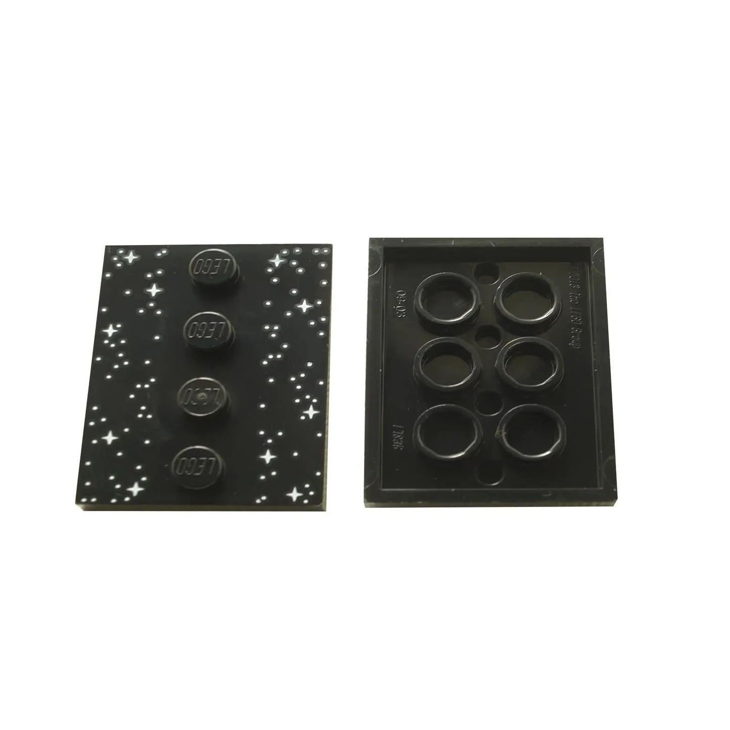 LEGO Tile Modified 3 x 4 with 4 Studs in Center (88646pb012) in black with a white star and sparkles print pattern, commonly used as a minifigure stand.