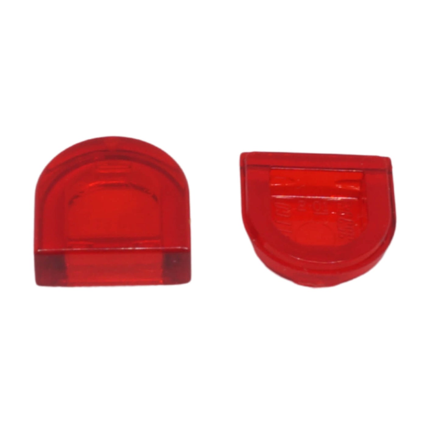 LEGO® Tile Round 1 x 1 Half Circle Extended (24246) in trans-red, featuring a smooth curved front and flat back edge.