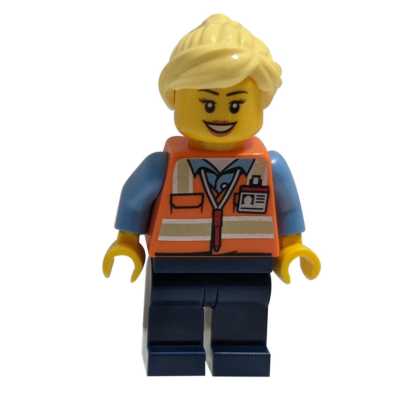 LEGO Train Worker trn245 with orange safety vest and yellow ponytail.