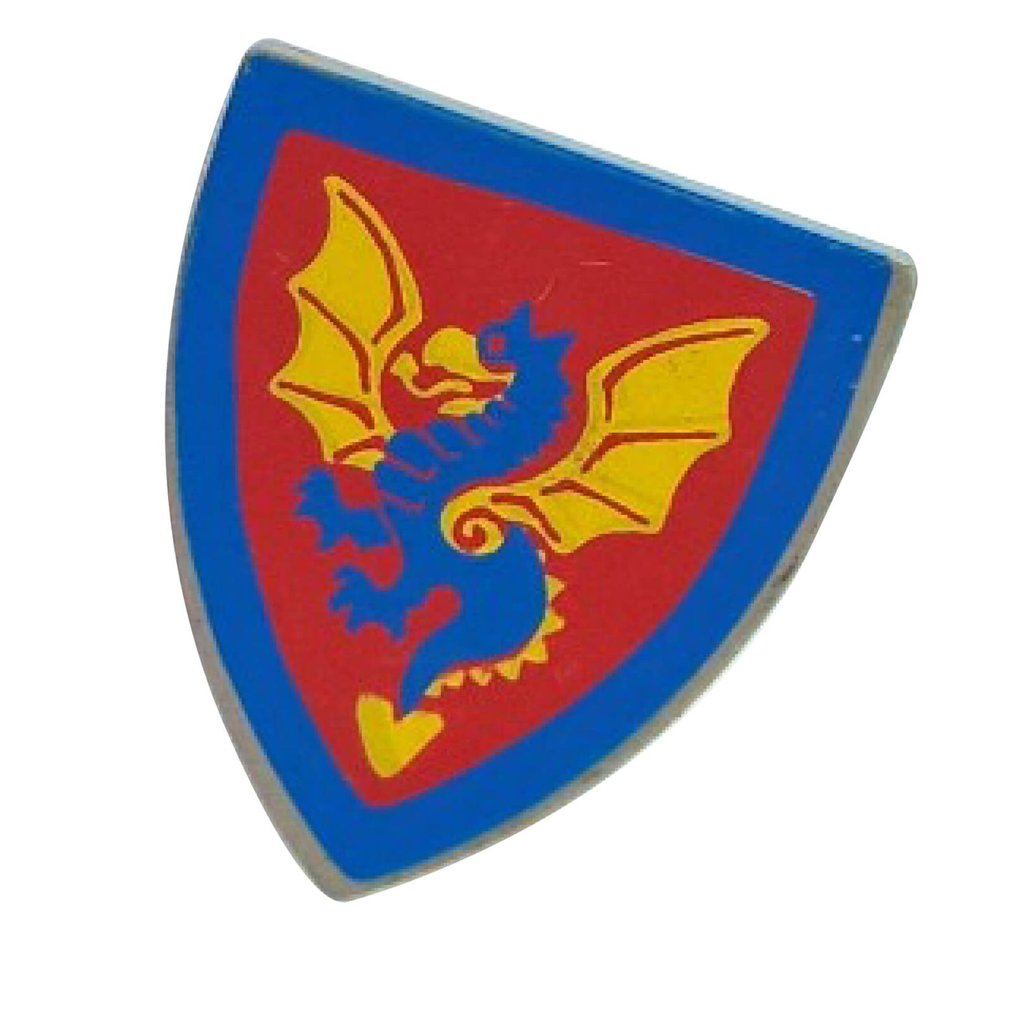 LEGO® escudo con dragón azul y amarillo sobre fondo rojo y azul