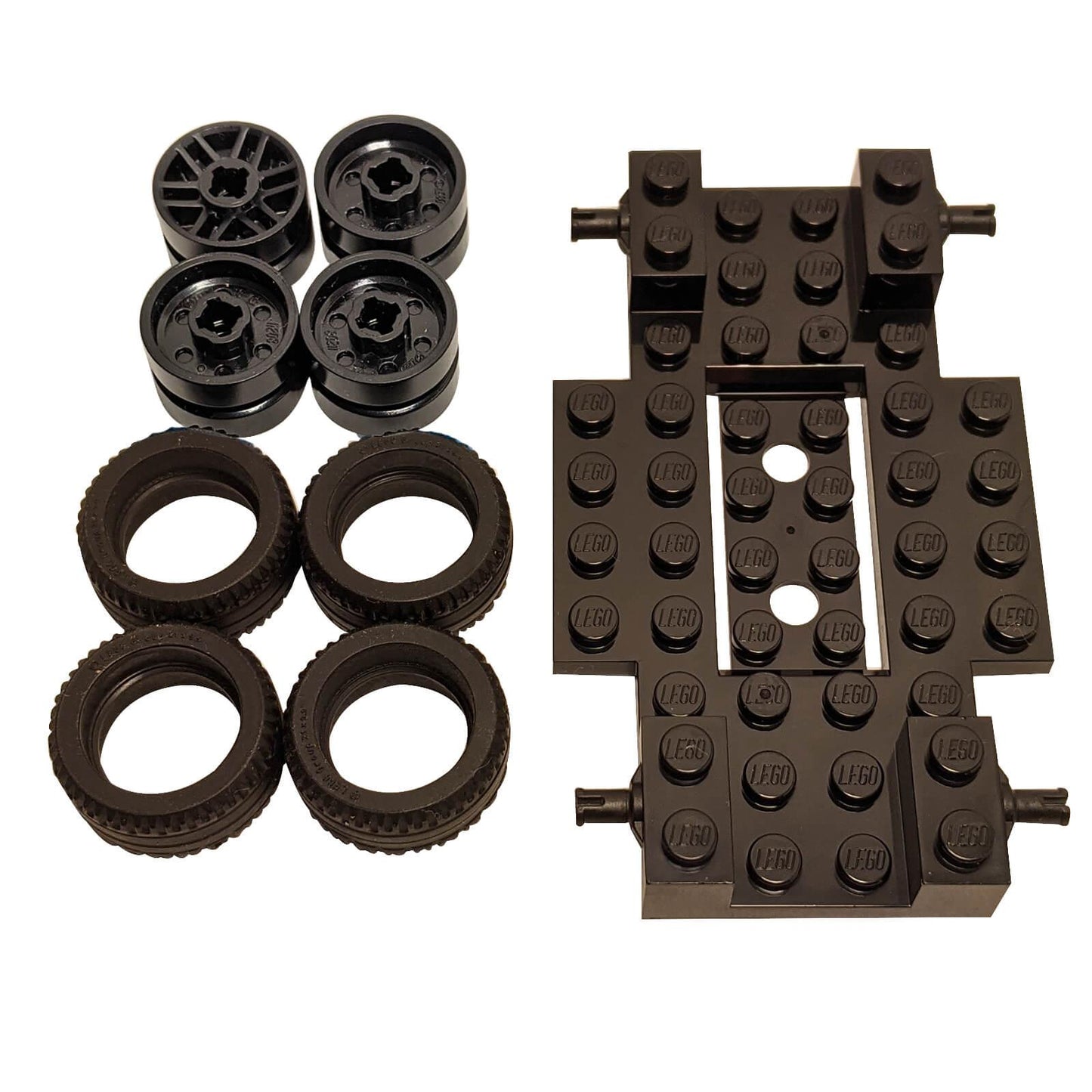 LEGO® black vehicle base 65202 with 4 black spoked wheels 11208 and 4 black tires 11209, fully monochrome chassis bundle