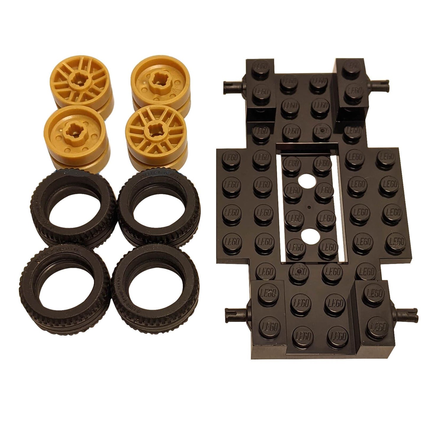 LEGO® black vehicle base 65202 with 4 pearl gold spoked wheels 11208 and 4 black tires 11209, genuine LEGO parts