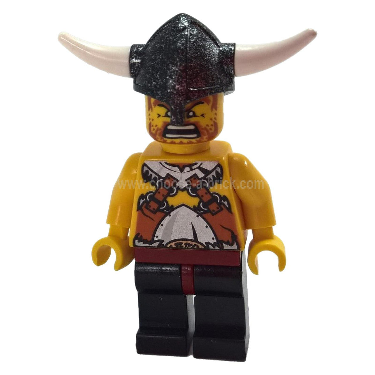 LEGO® Viking Warrior minifigurka (vik006) s helmou s rohy, tištěnou koženou zbrojí a odkrytými pažemi, připravená na bitvu.