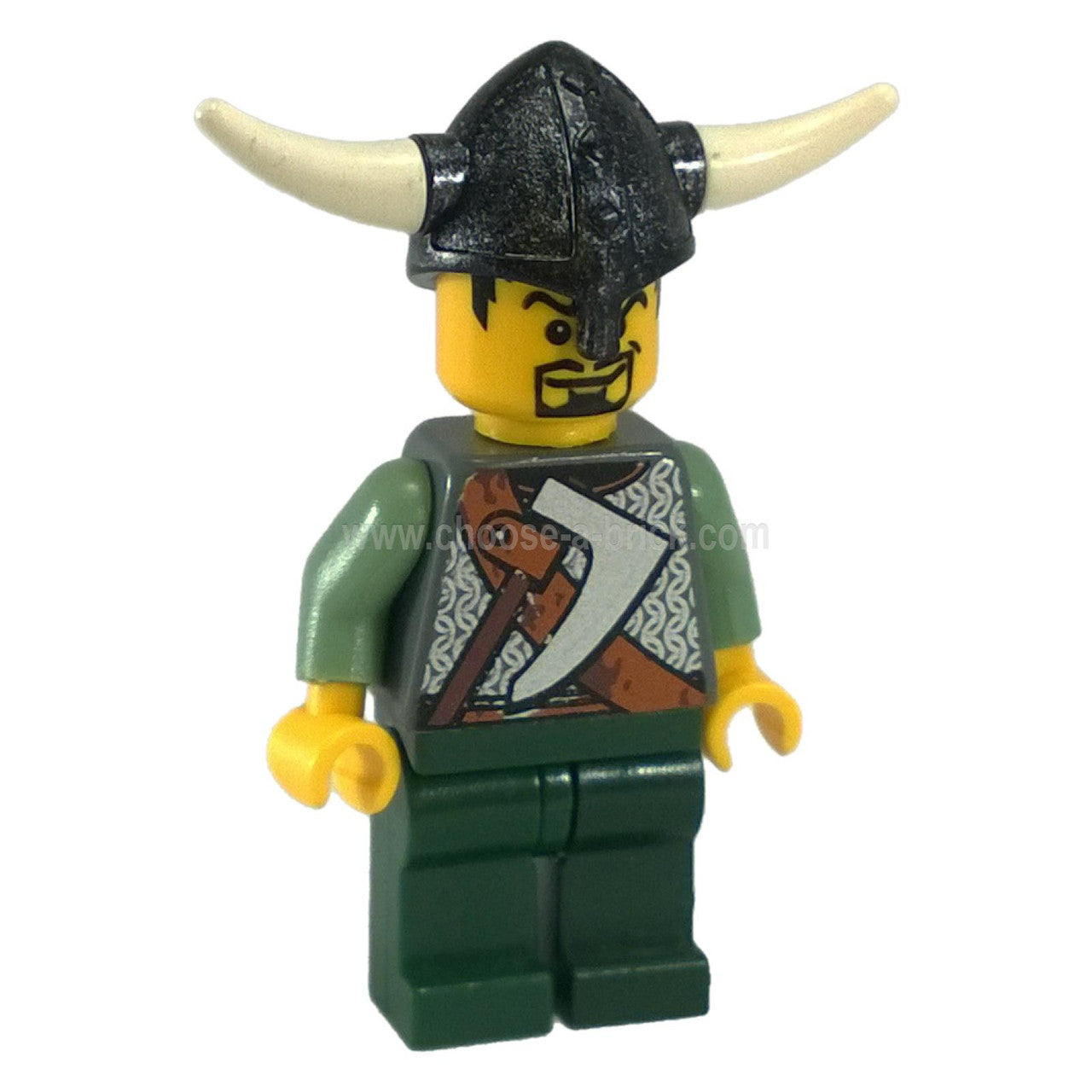 LEGO® Viking Warrior minifigure (vik007) with a printed battle axe on his torso, sand green arms, and a brown beard.