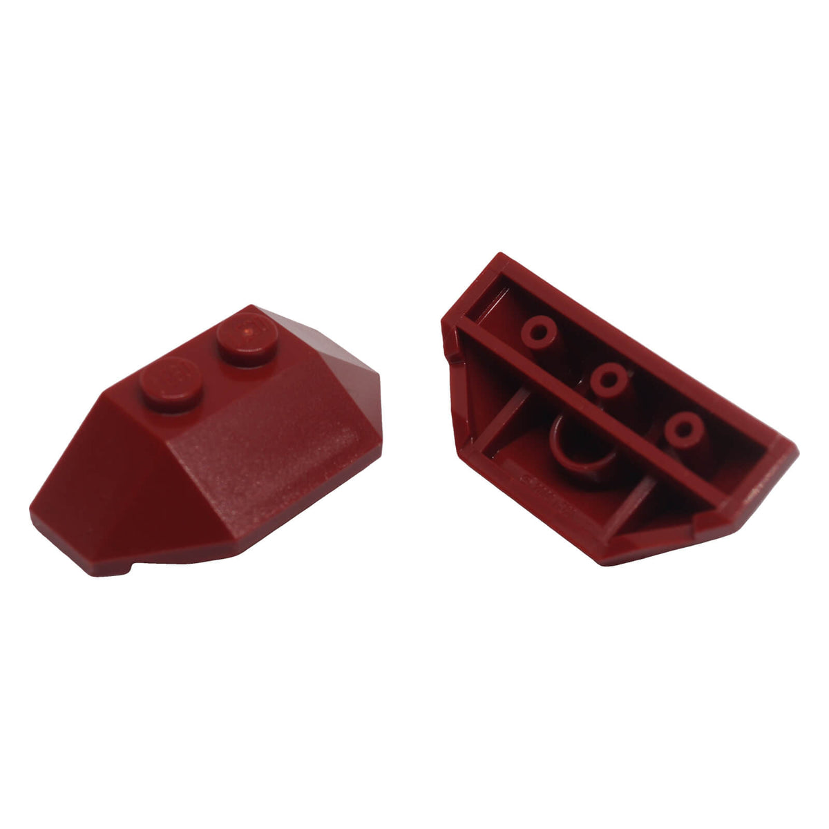 LEGO® wedge plate 2 x 4 triple angled element, compact sloped shape for vehicle and structural detailing, dark red color