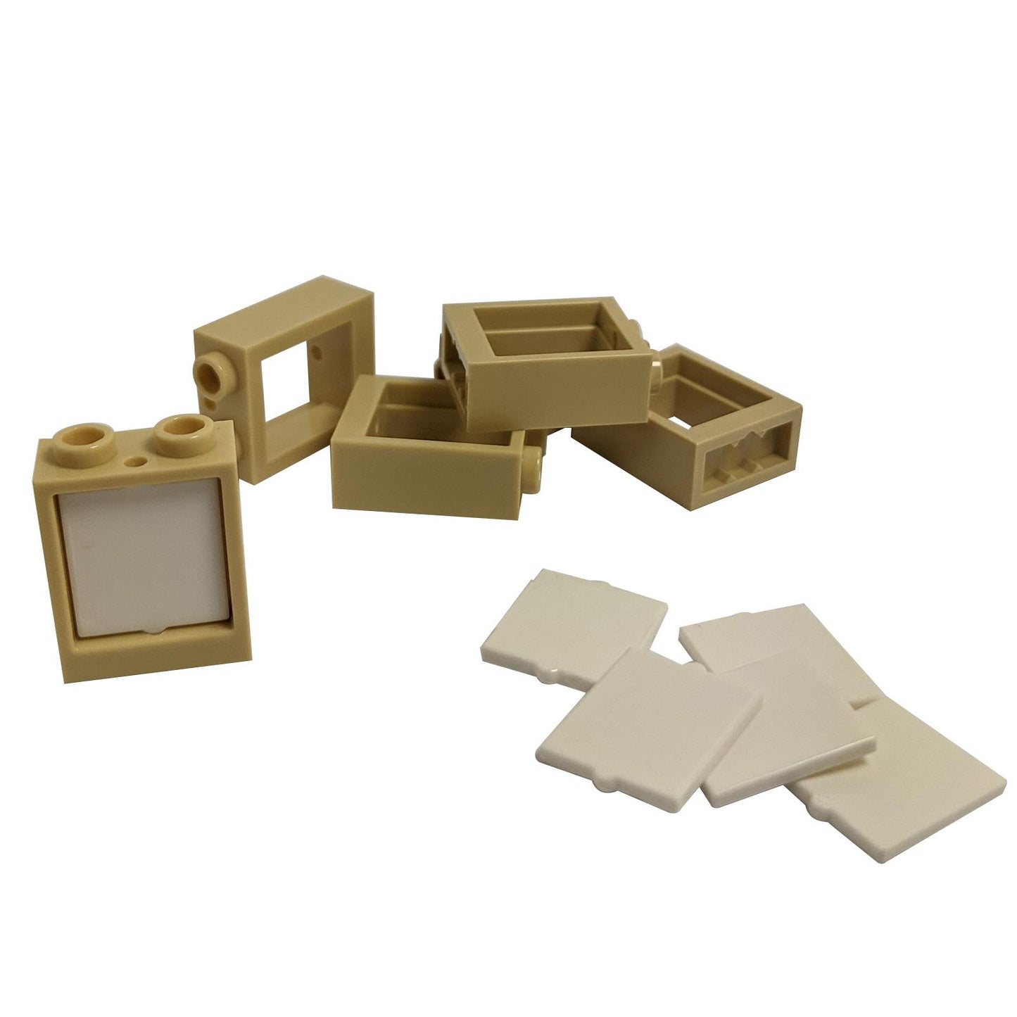 6 tan LEGO® window frame assemblies 60592 with white glass panes 60601, lot of 6