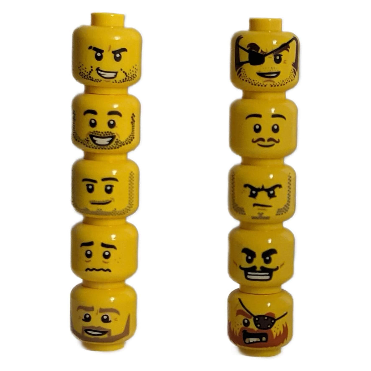 The exact ten new LEGO® yellow pirate-themed minifigure heads included in this pack, featuring various beards, eyepatches, and expressions as pictured.