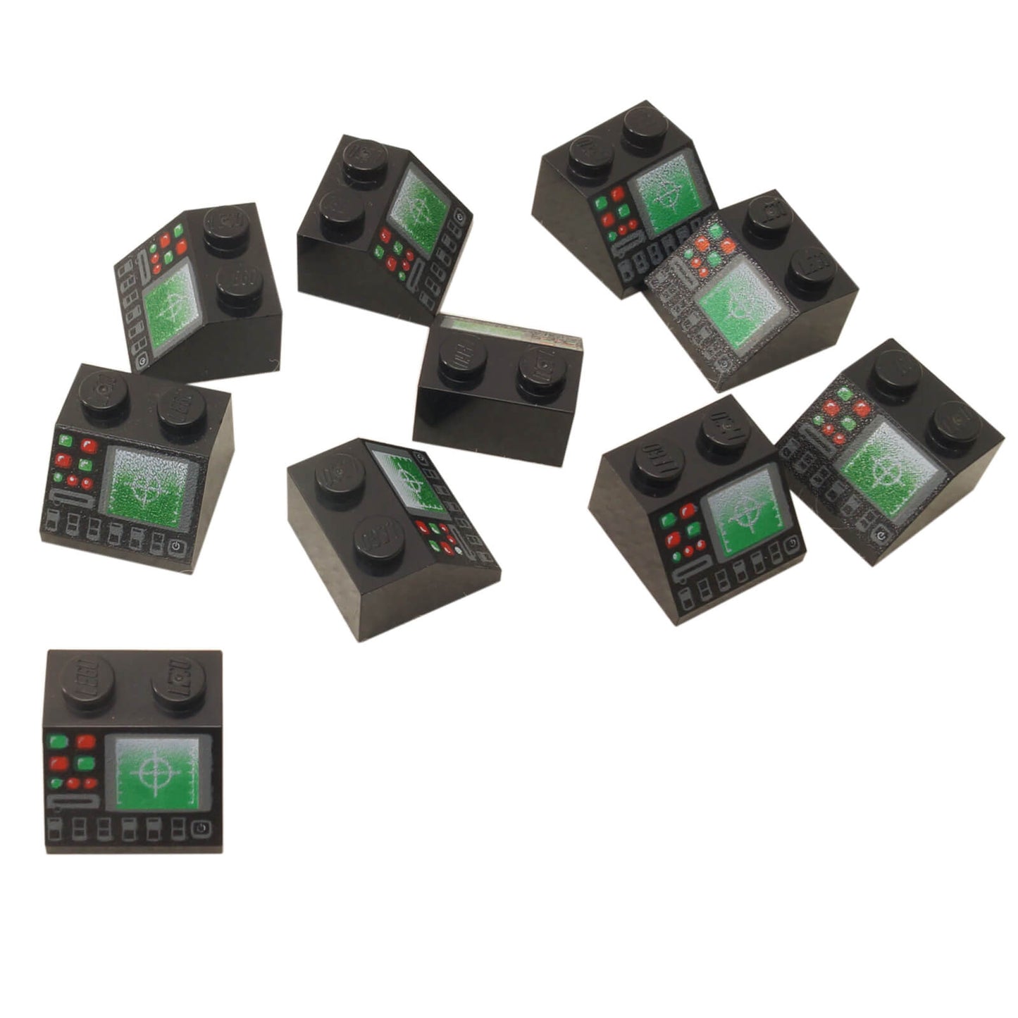 Multiple black LEGO 3039pb041 slope bricks with radar screen prints