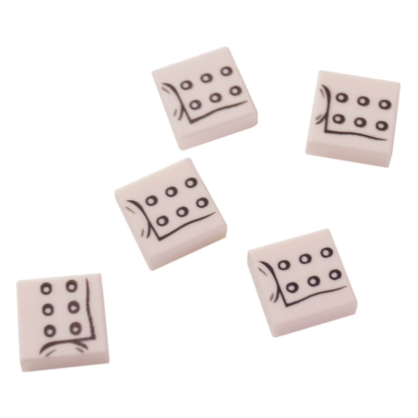 Five white LEGO 1x1 tiles with chef jacket pattern 3070pb095.
