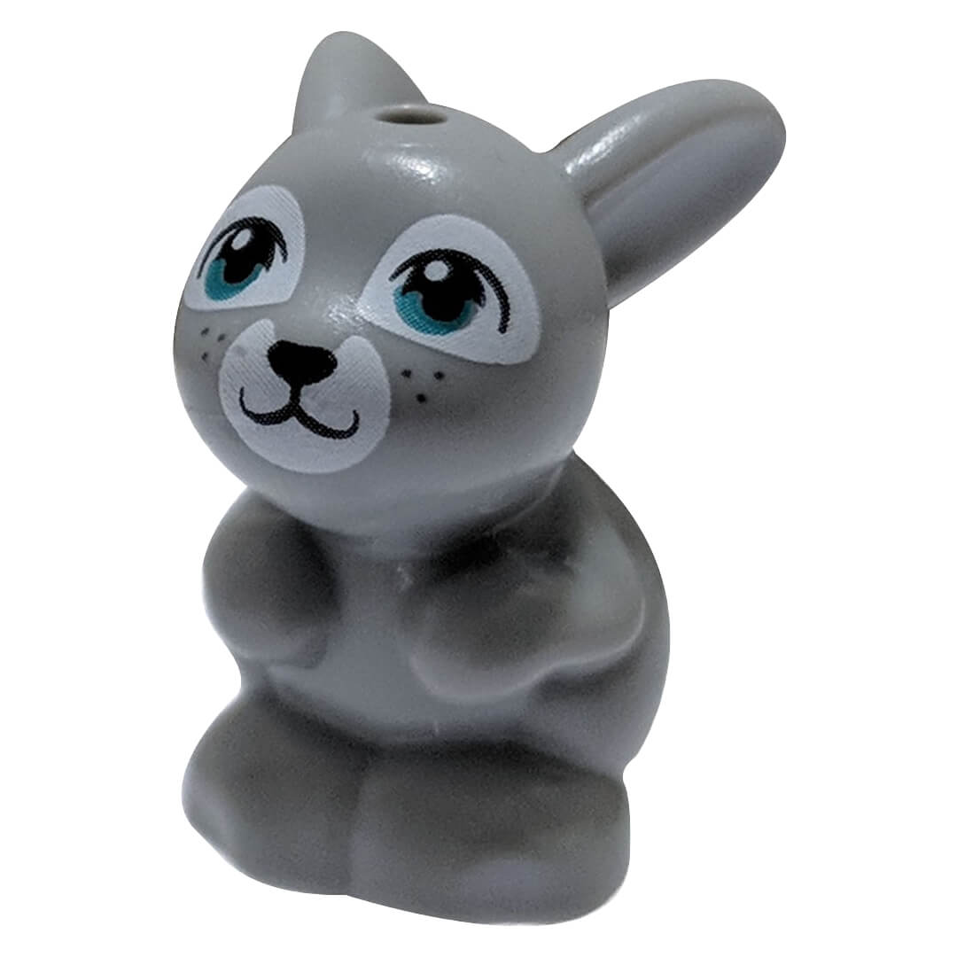 LEGO® light bluish gray bunny figure with dark turquoise eyes, white muzzle, and black facial details – part 98387pb04 in sitting pose.