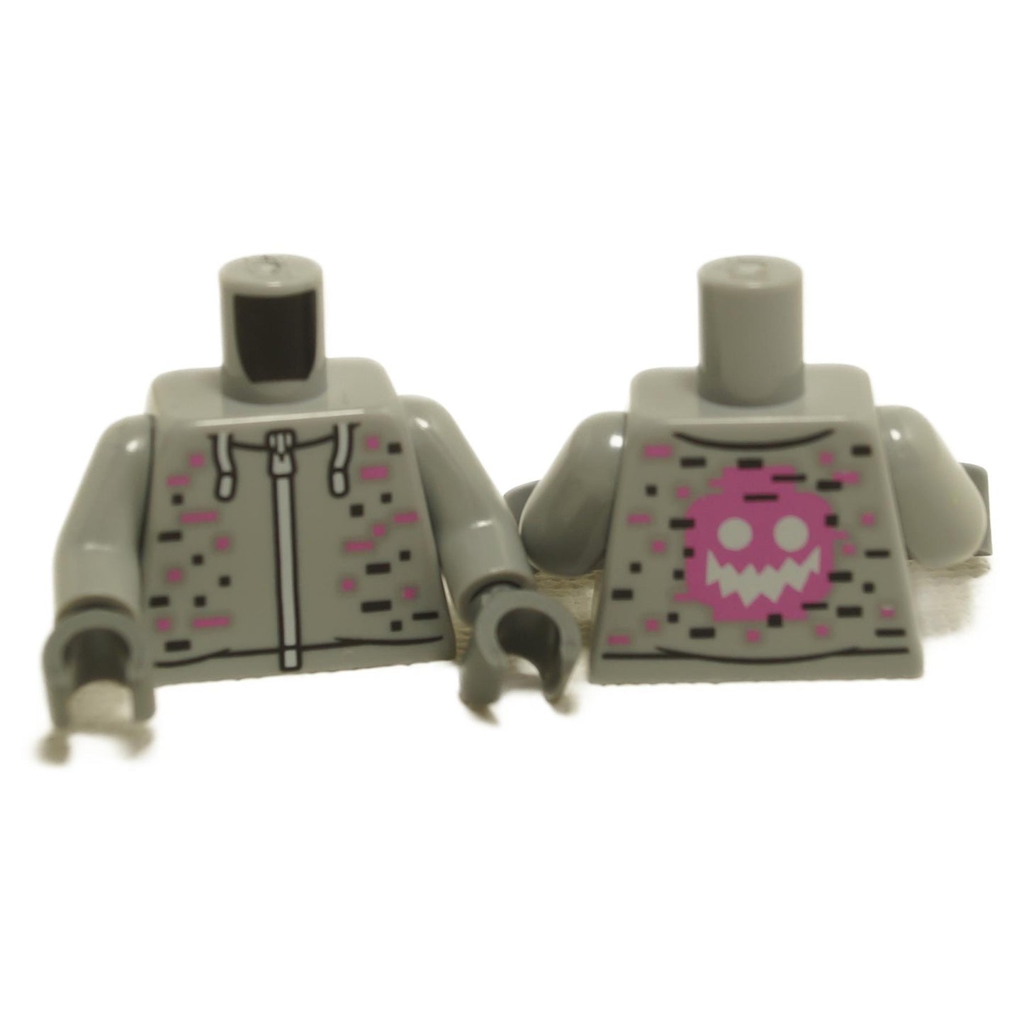 A LEGO minifigure torso with a light bluish gray hoodie design, featuring a pixelated digital print with pink and black accents, and a spooky pink monster face with a jagged mouth on the back.