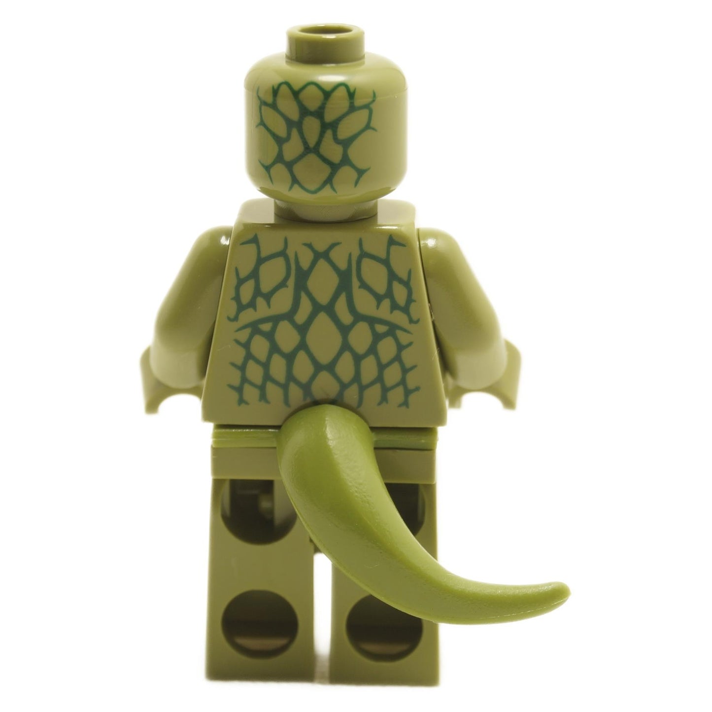Back view of LEGO® Lizard minifigure sh0938 showing scaly reptile torso print and attached green lizard tail