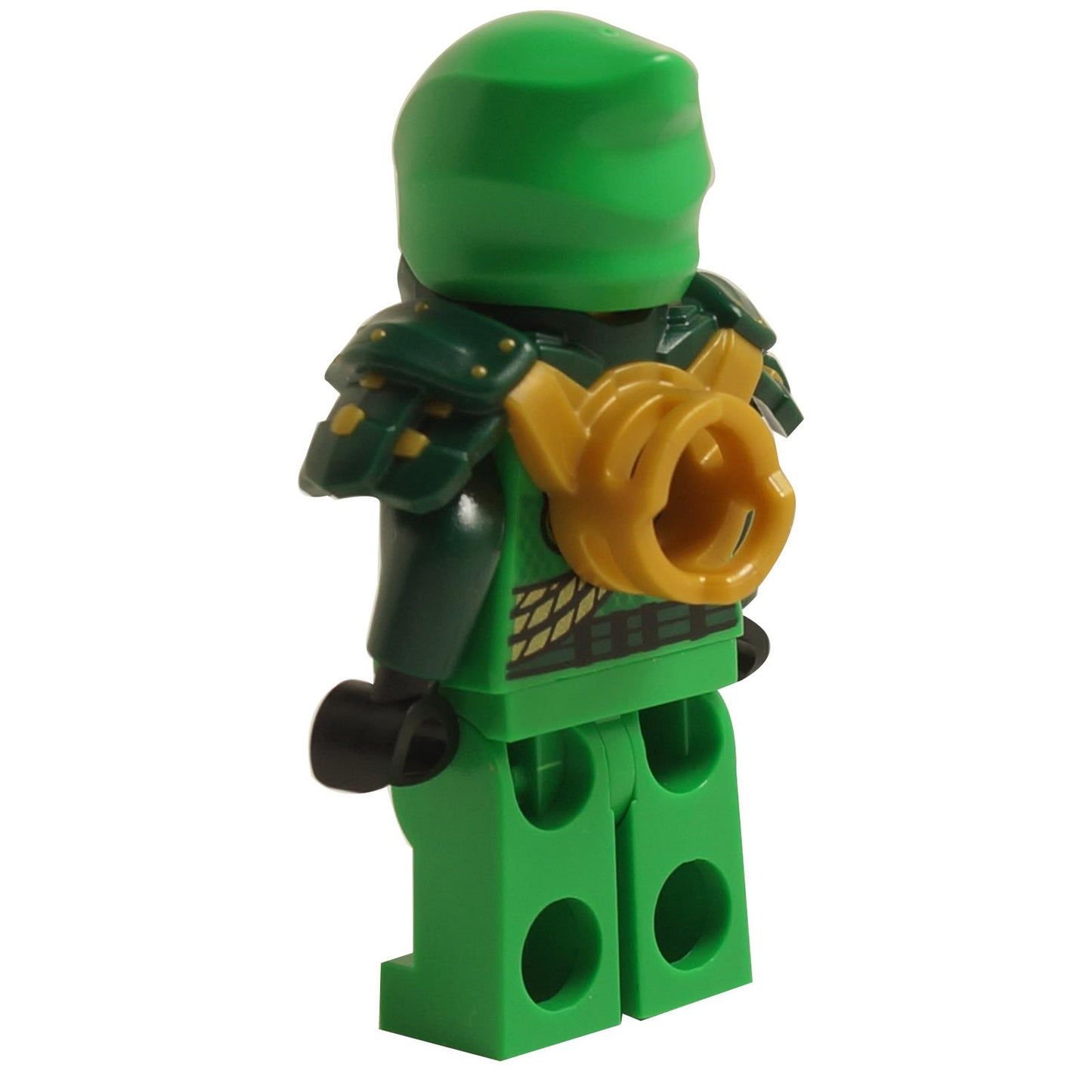 Back view of LEGO® NINJAGO Lloyd Dragons Rising climber minifigure njo876 with green armor and shoulder armor