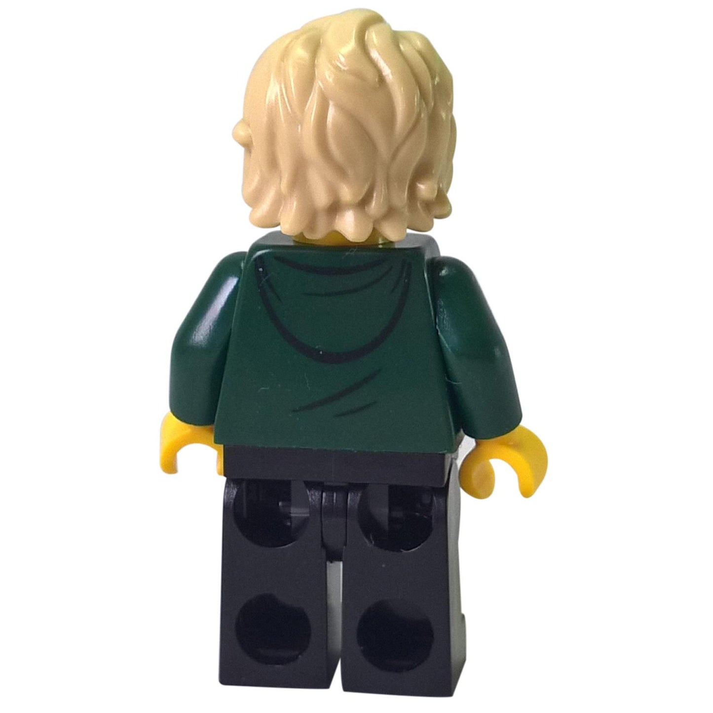 Lloyd Garmadon minifigure back view showing green hoodie back print, blond hair, and dark legs