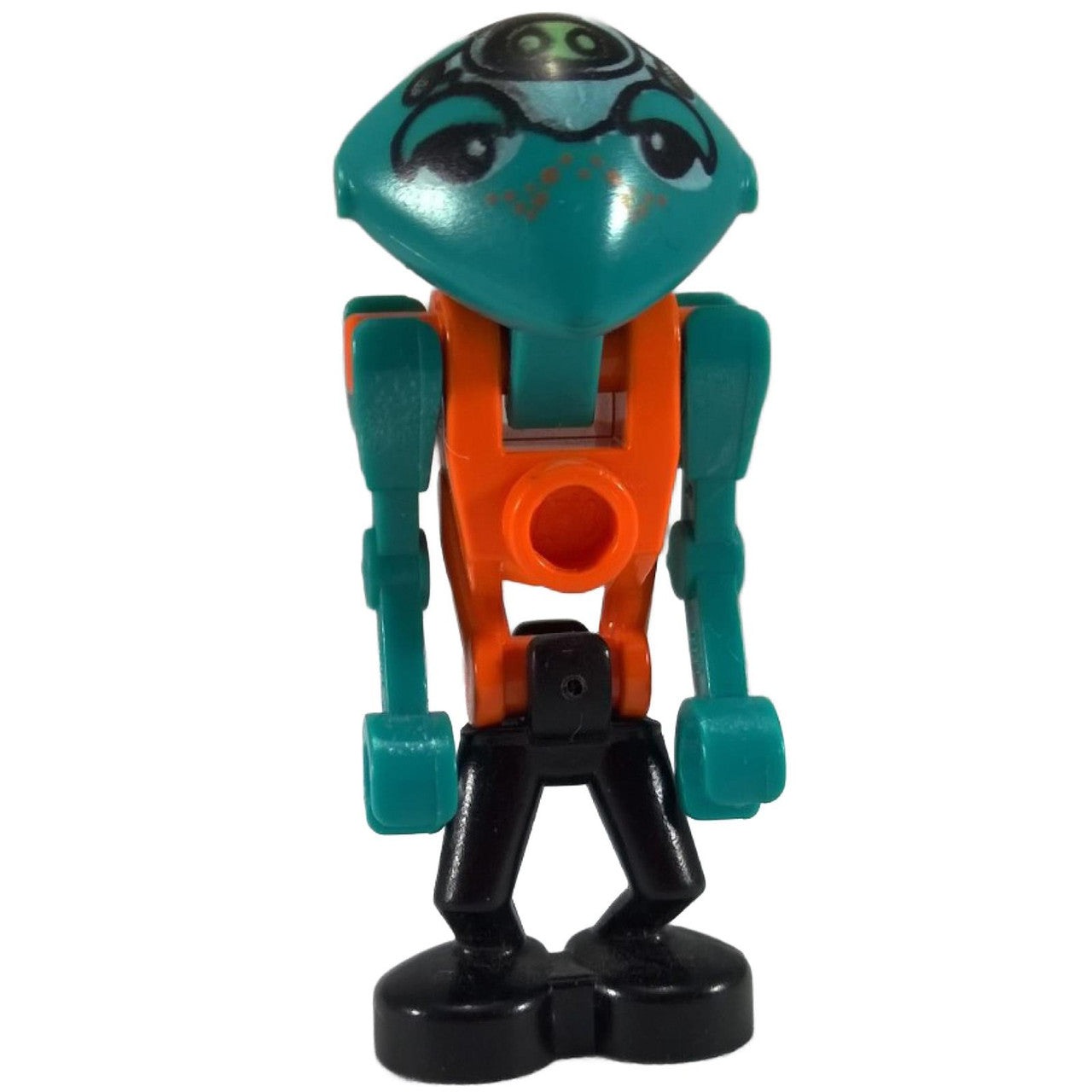 LEGO® Life on Mars Martian minifigure (lom001) with orange torso, teal arms and head, and black legs from set 7303 Jet Scooter (2001).