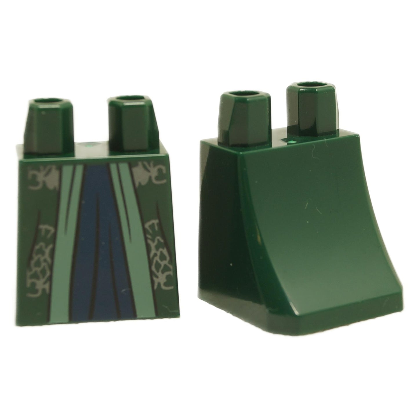 LEGO minifigure lower body piece with a dark green skirt and sand green hem, and a dark blue dress with a silver thistles pattern.