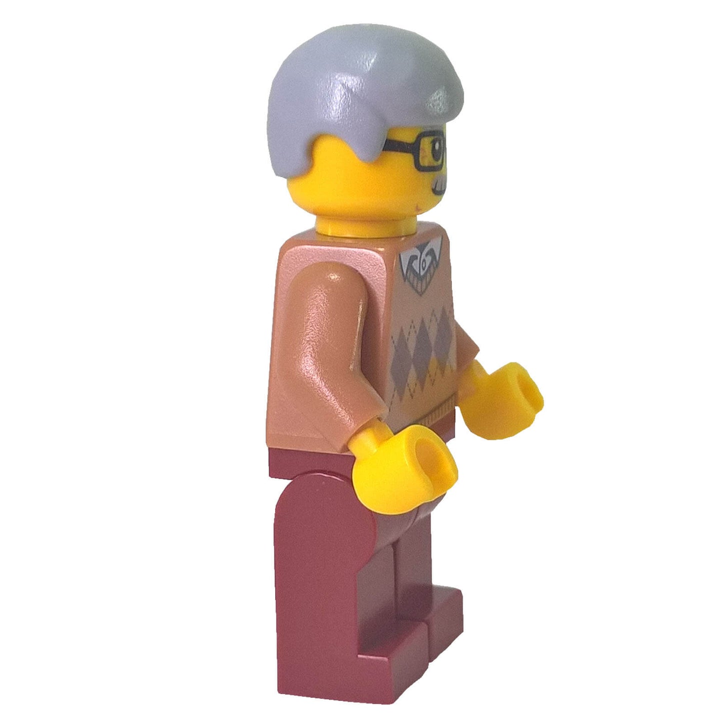 LEGO city male minifigure argyle sweater glasses moustache grey hair cty0786, side profile