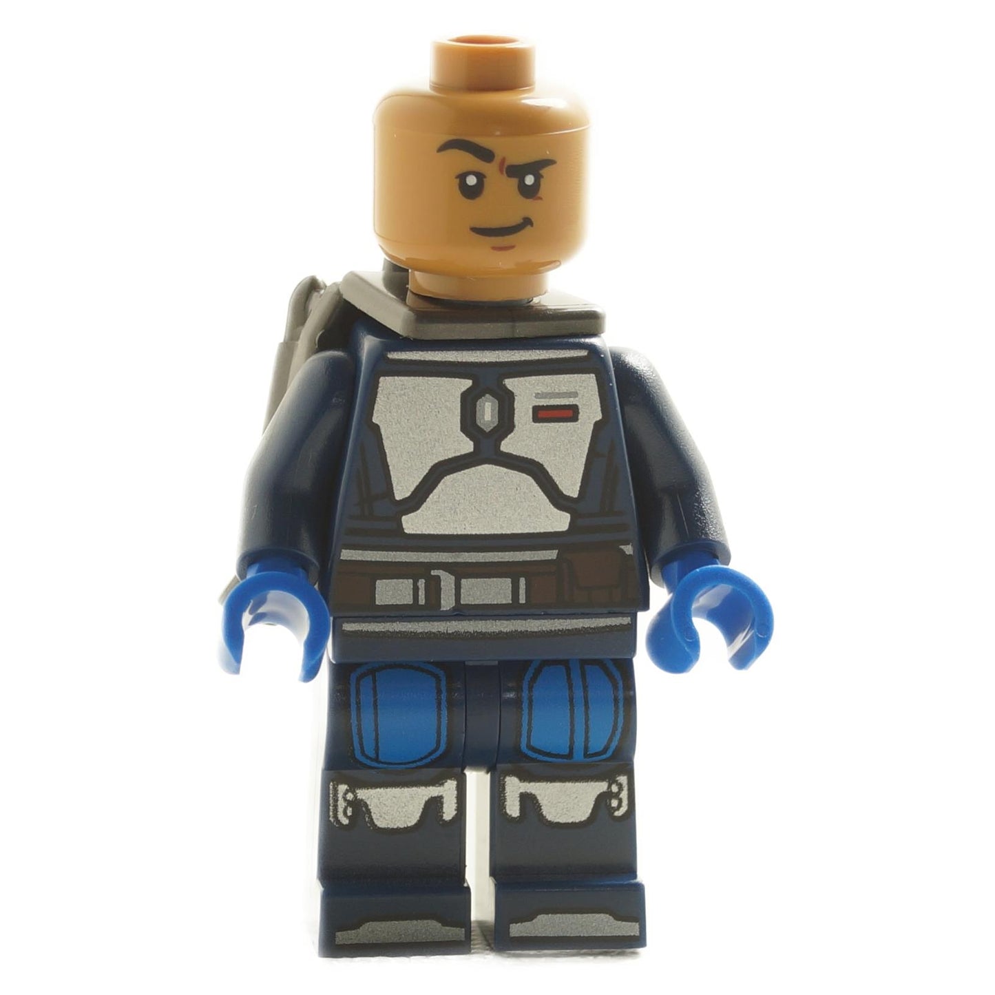 Front view of Mandalorian Fleet Commander minifigure sw1259 without hair, showing gray chest armor print and blue hands