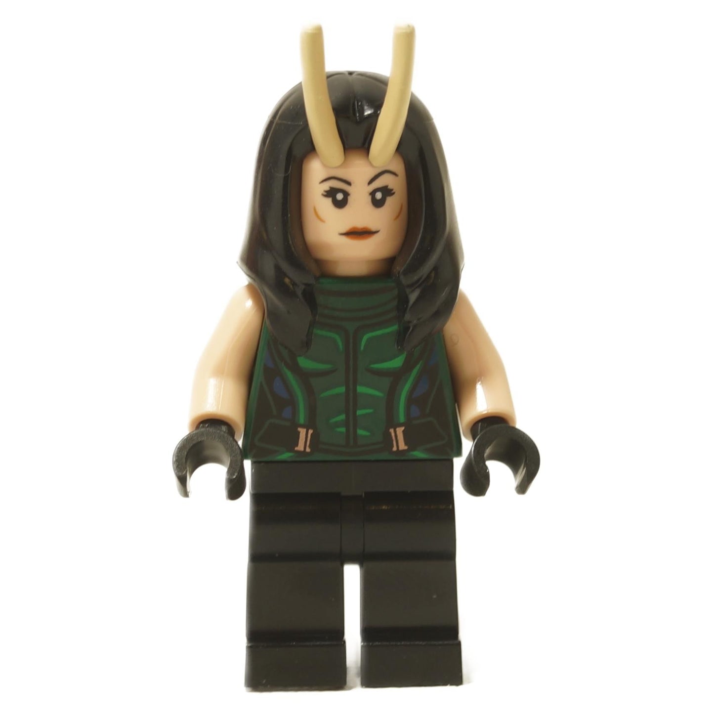 Mantis minifigure with black hair, green vest torso, black legs and antenna headpiece neutral face