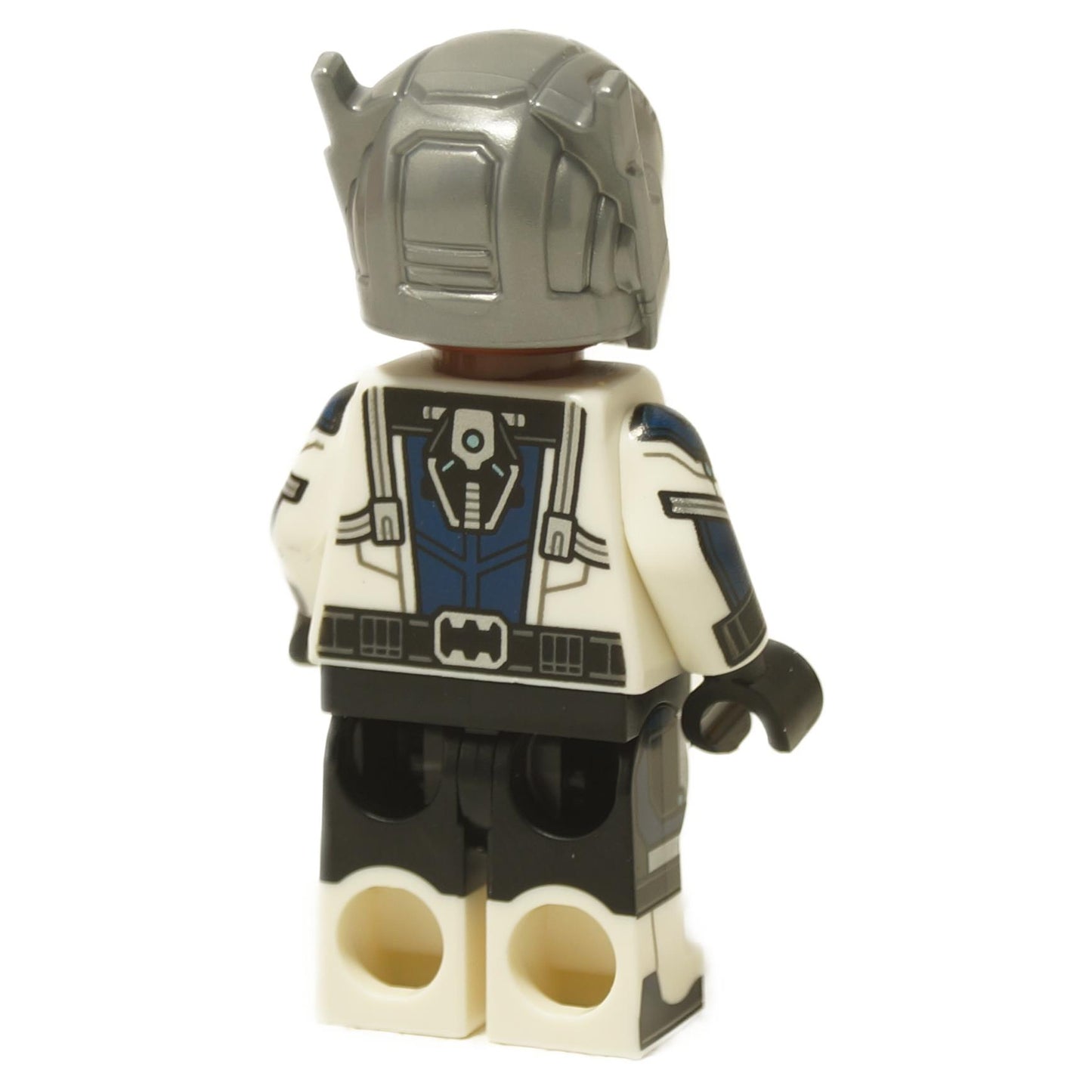 Back view Goliath Marvel minifigure in white and blue armored suit with silver helmet