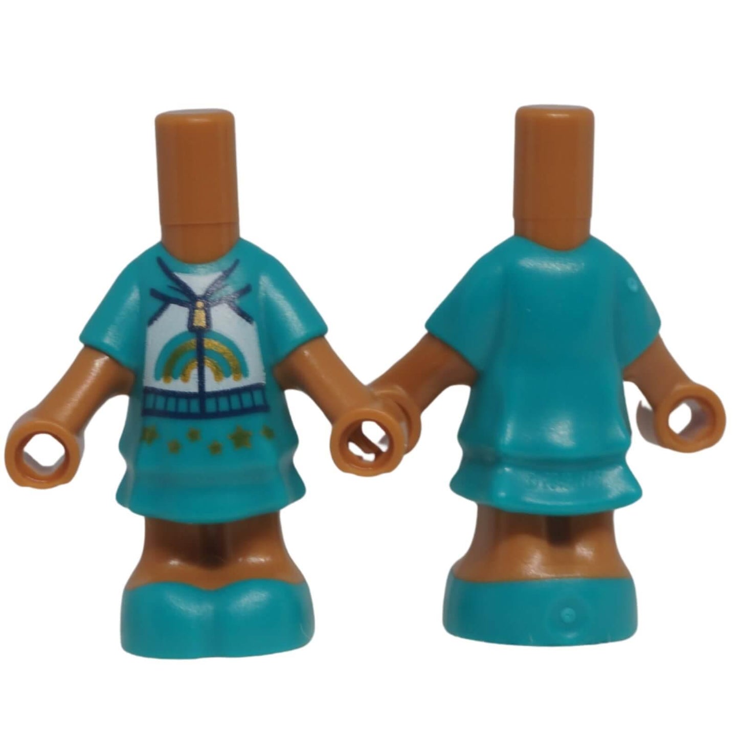 LEGO micro-doll body 69969pb11 with dark turquoise dress and rainbow hoodie print shown front and back