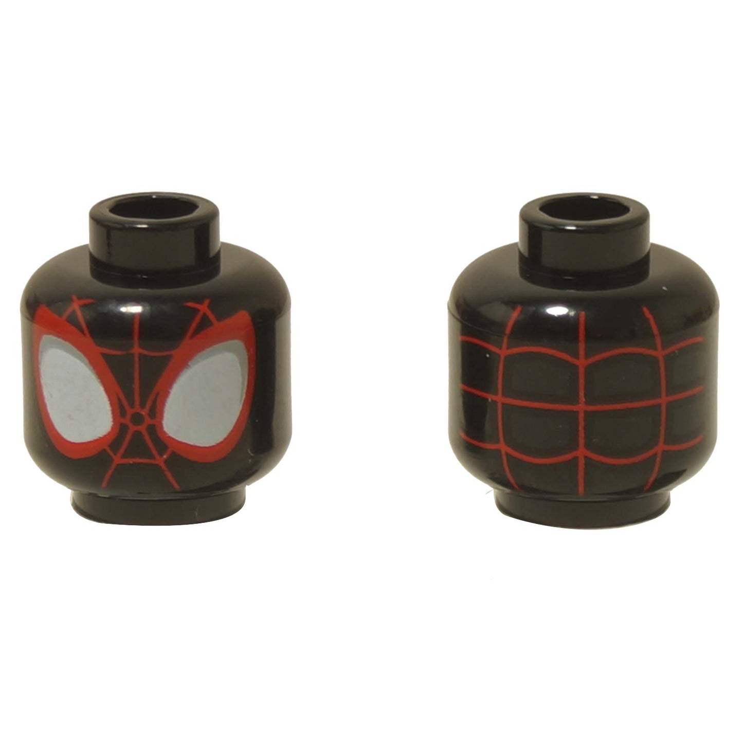 Black Spider-Man Miles Morales minifigure head with red web mask and large white eyes