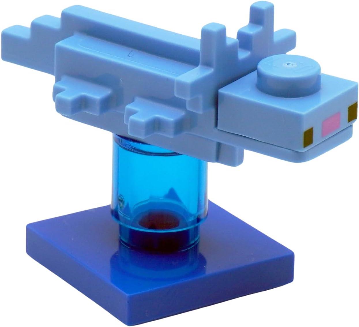 LEGO® Minecraft blue axolotl creature figure displayed on transparent stand