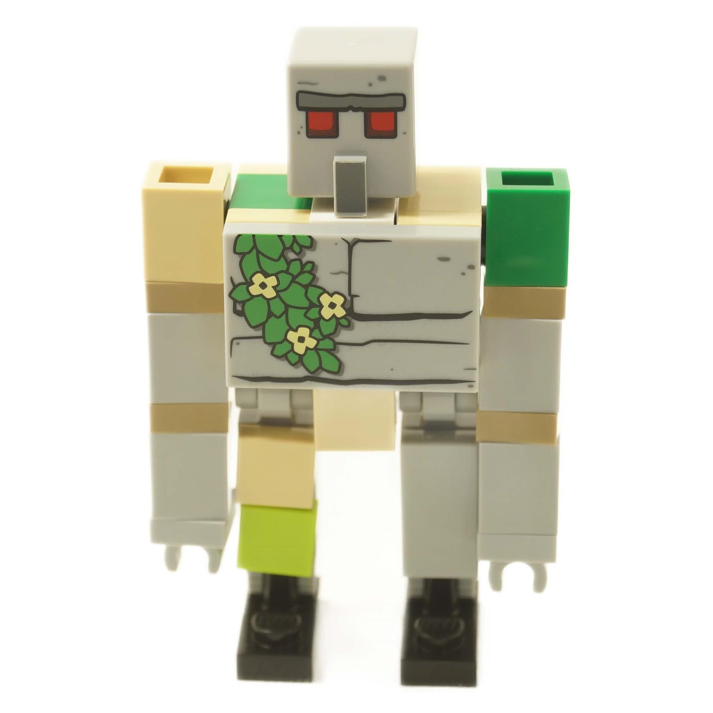 Figura de LEGO Minecraft Golem de Hierro construida con ladrillos grises, beige y verdes con ojos rojos.