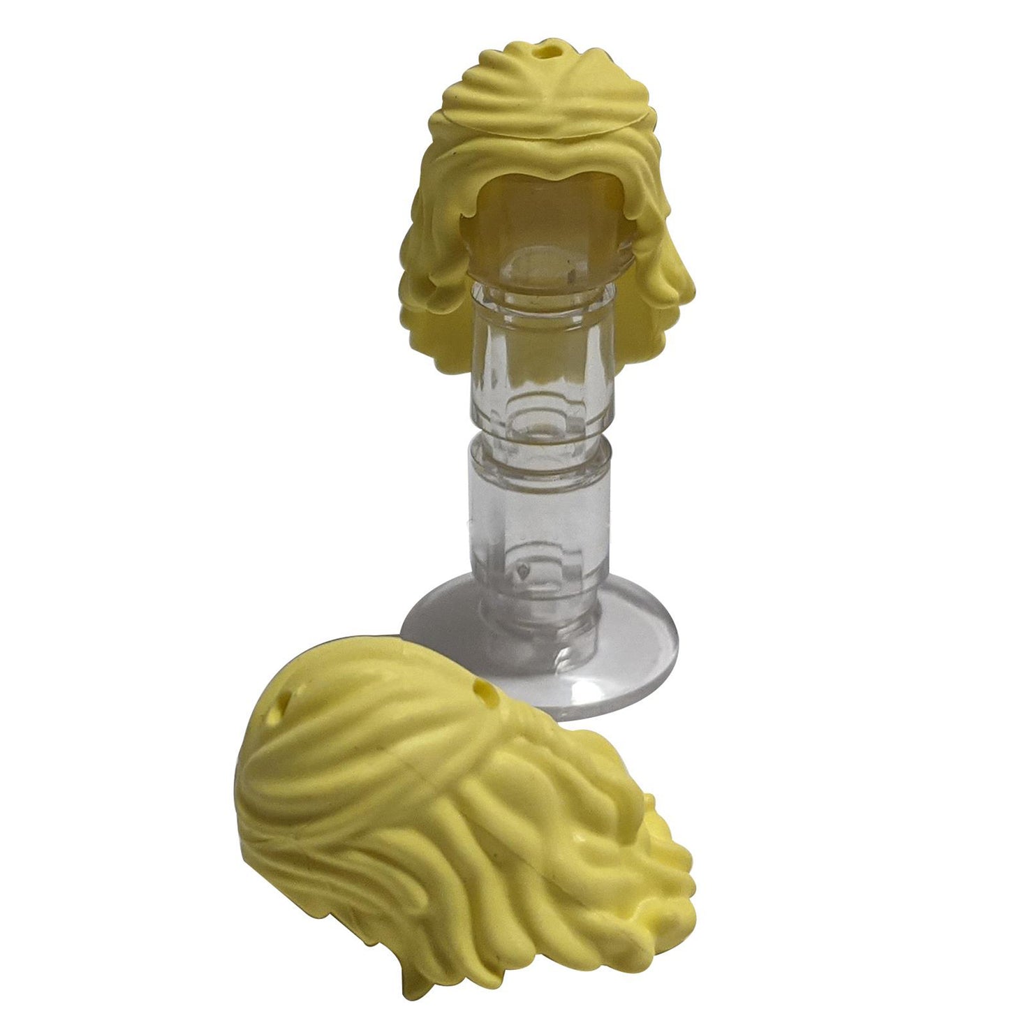 LEGO® mini-doll hair piece in bright light yellow with long wavy style partially tied back, featuring hole on top and hole on back