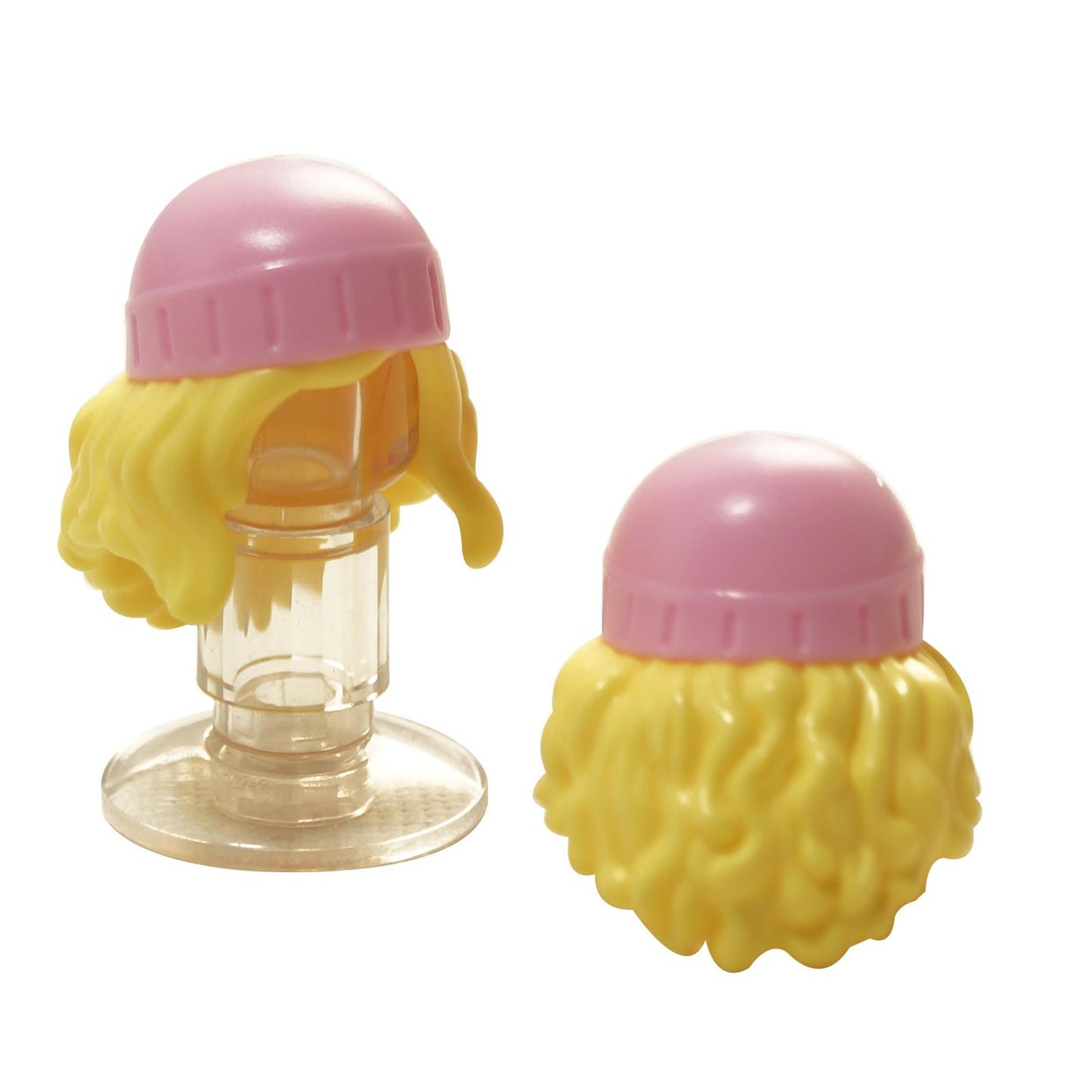 LEGO Mini Doll Hair – Long wavy blonde hair piece with molded bright pink beanie hat, front and back view