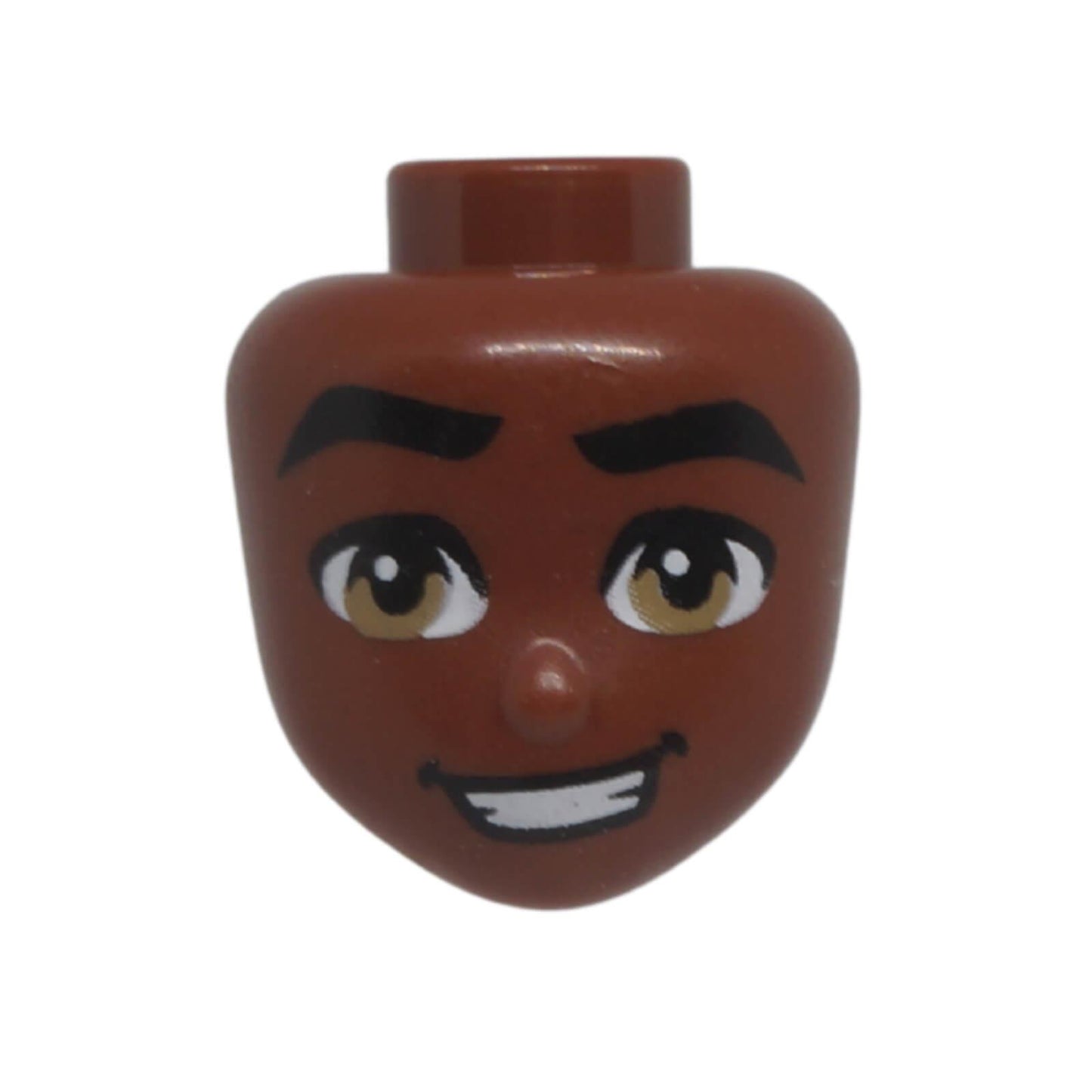 LEGO® Friends mini-doll head 101152 with thick black eyebrows, dark tan eyes and a lopsided open smiling expression with visible teeth.