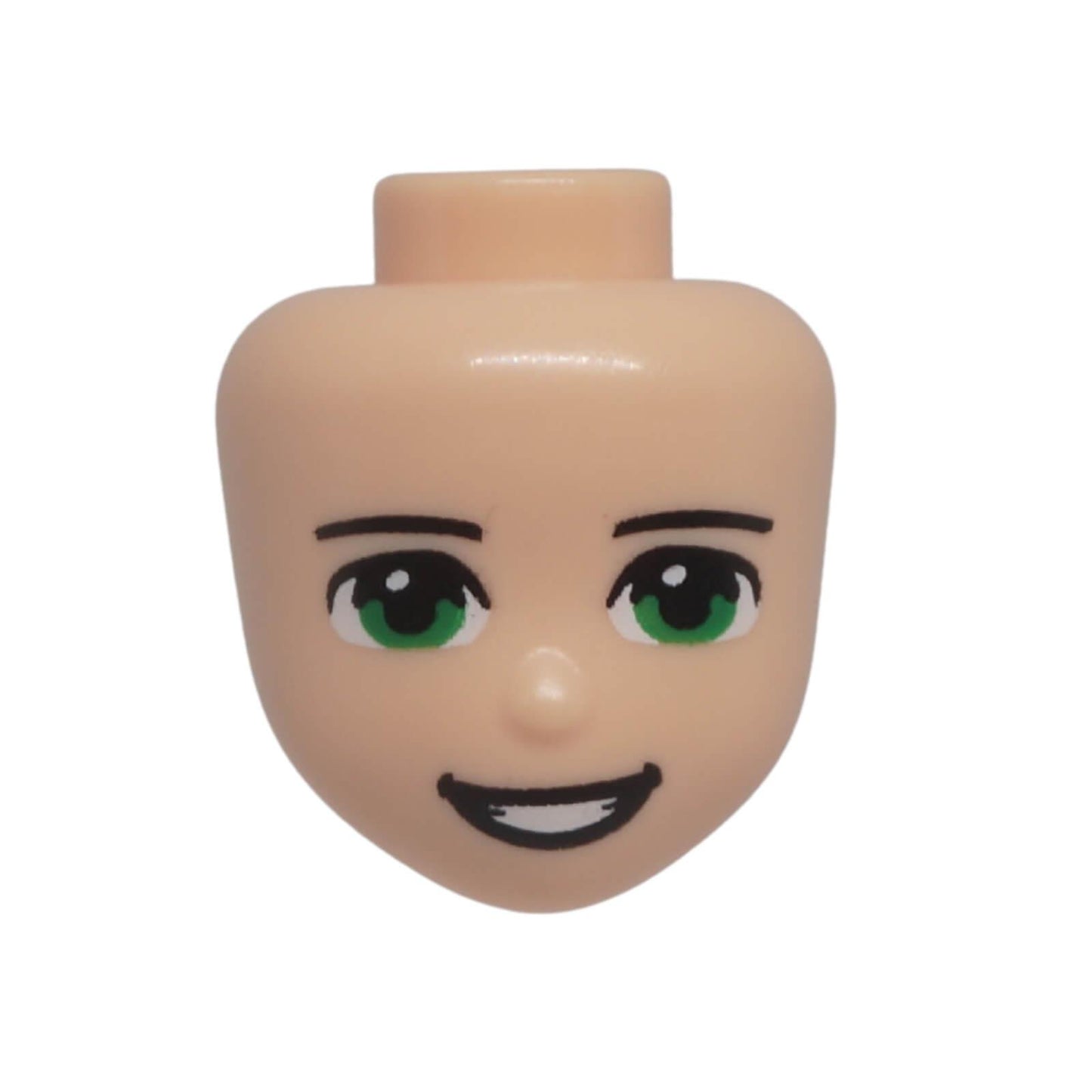 LEGO® Friends mini-doll head 84061 with thin black eyebrows, green eyes and an open smiling expression with visible teeth.