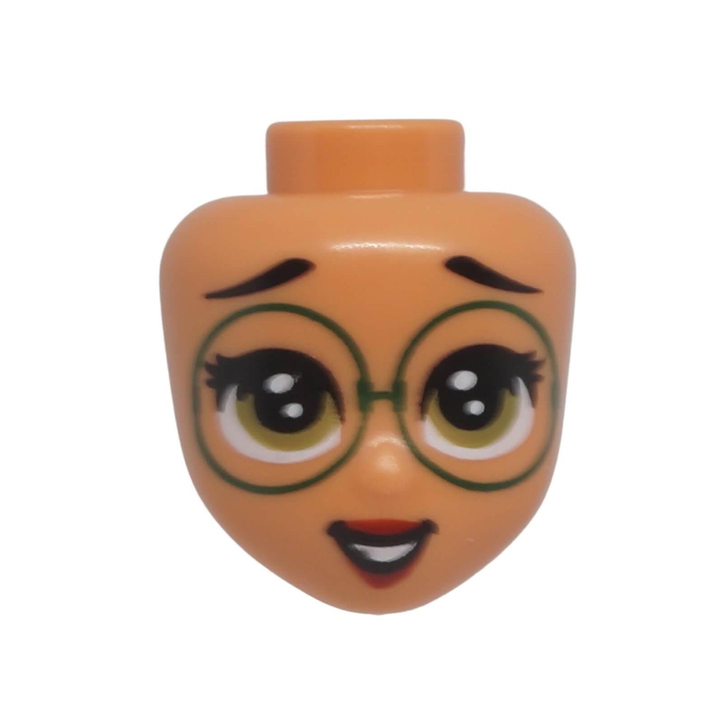 LEGO® Friends mini-doll head 93832 with large dark green glasses, olive green eyes, black eyebrows and an open smiling expression.