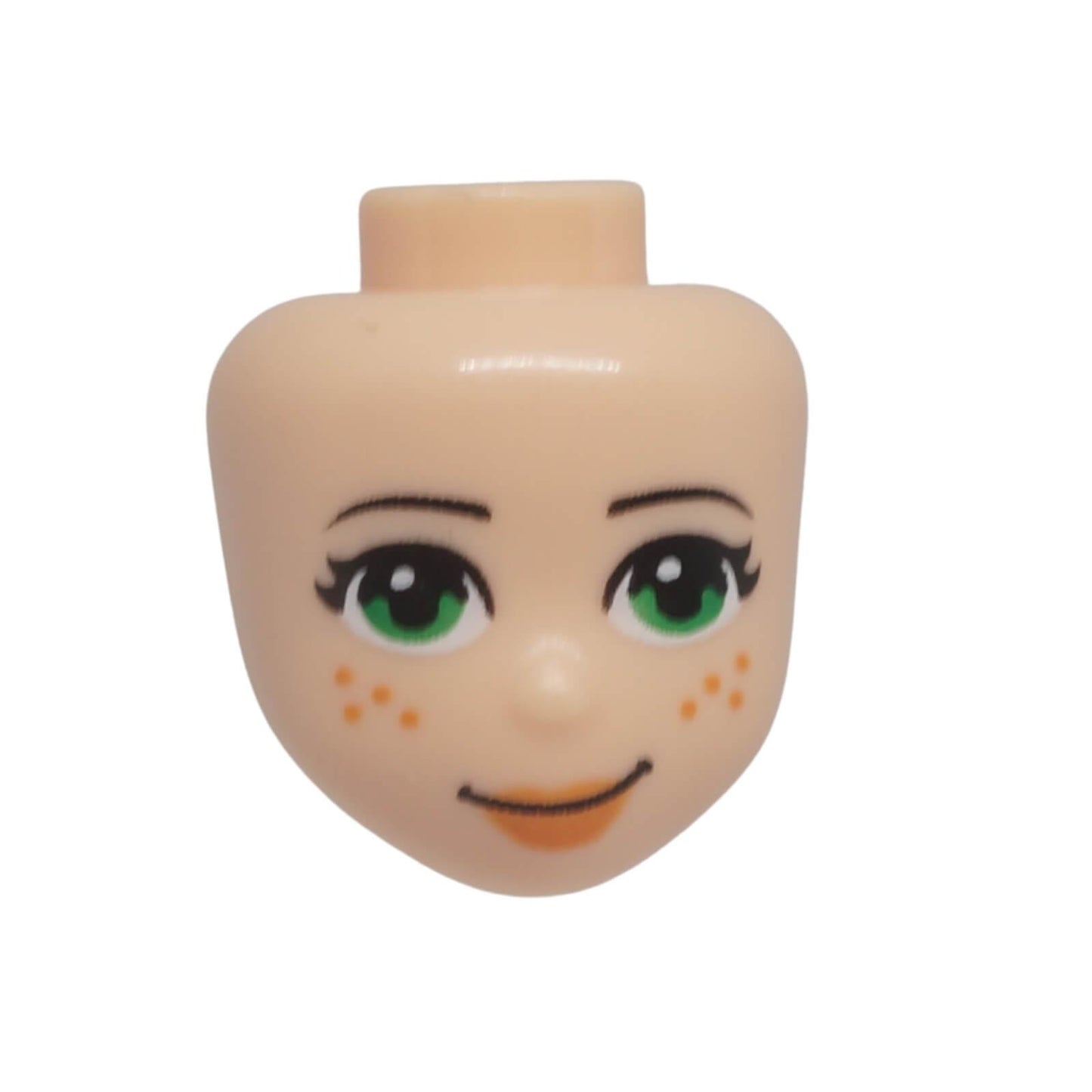 LEGO mini-doll head 37292 with green eyes, freckles and a lopsided closed-mouth smile