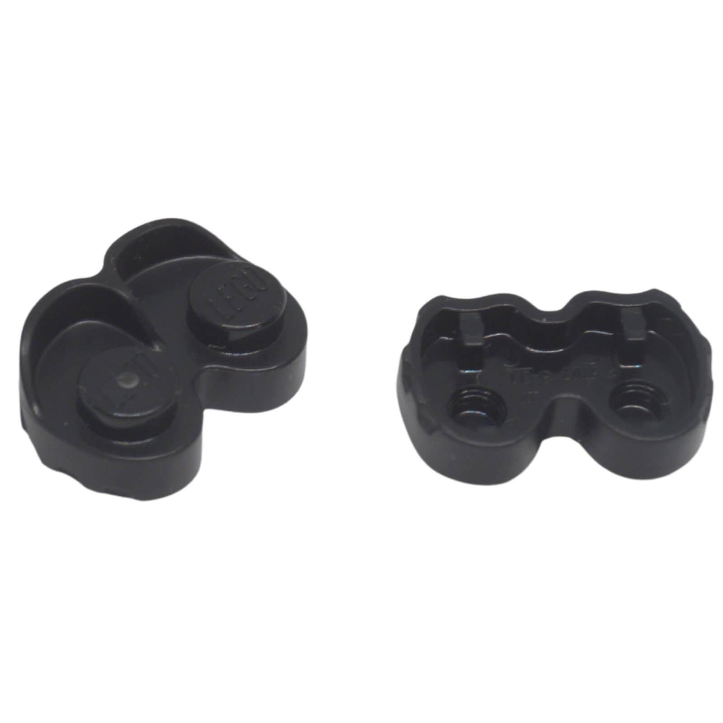 Black LEGO® mini-doll platform sole and shoe element 5107 shown from the top and underside.
