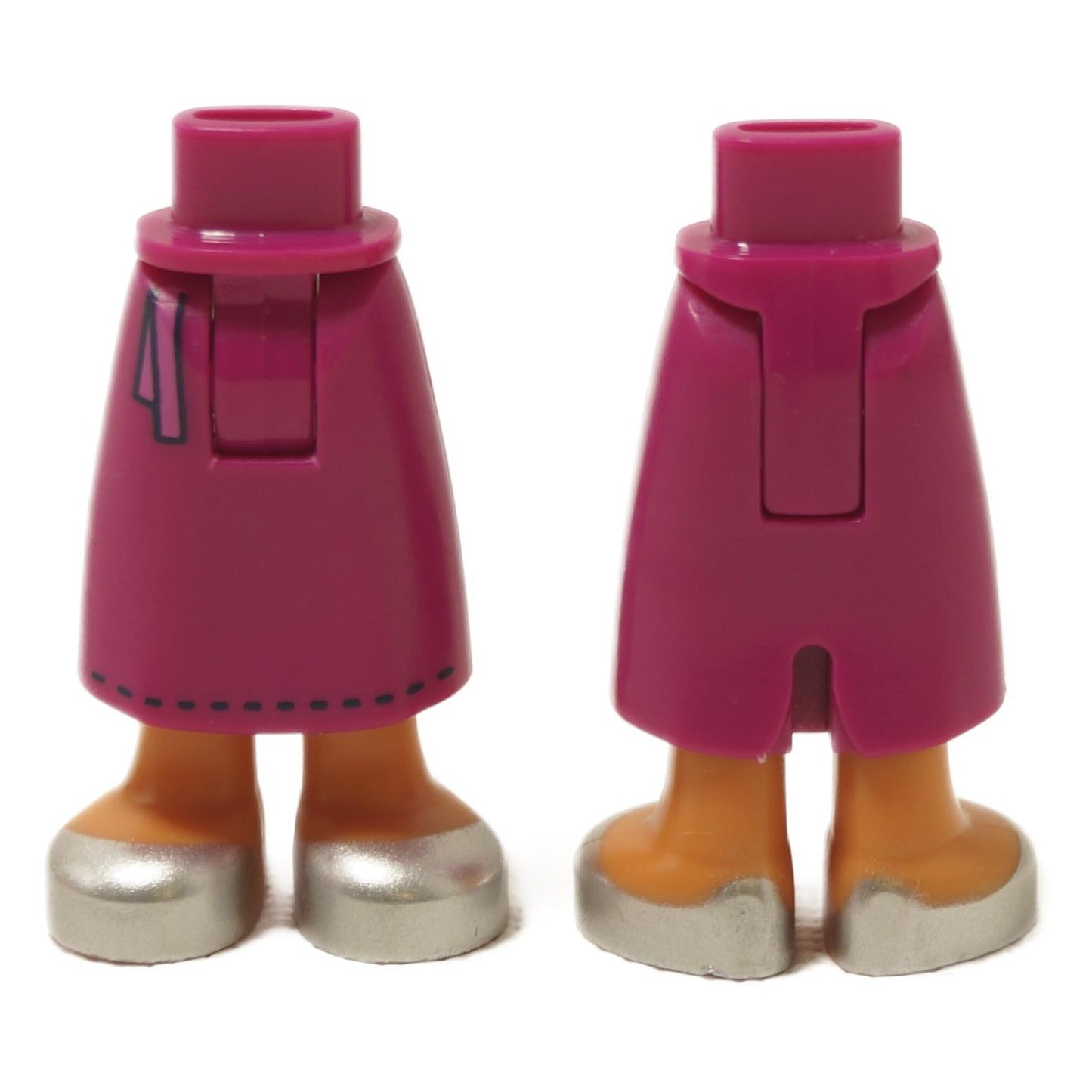 Mini-doll lower body with magenta skirt, subtle side print detail, and metallic silver shoes shown front and back