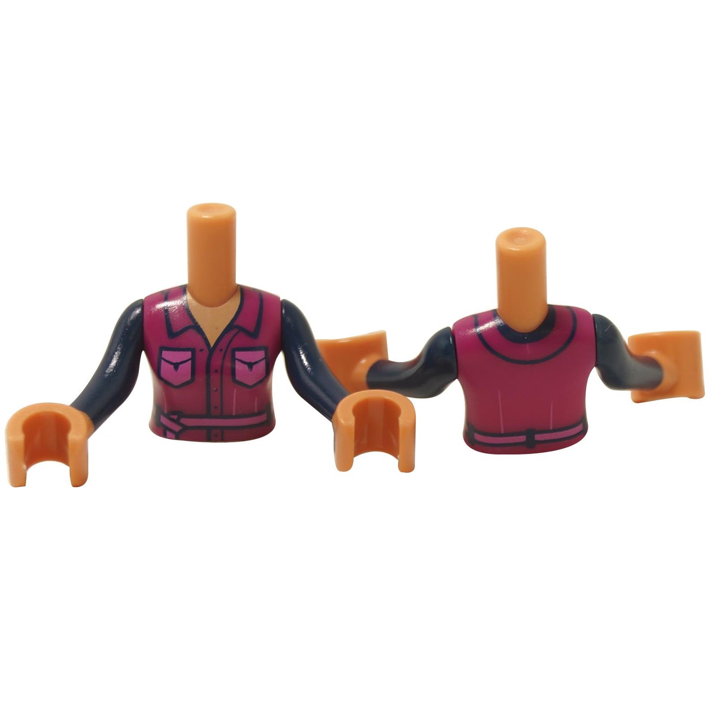 Mini-doll torso with magenta top featuring printed pockets and ribbon detail on the front