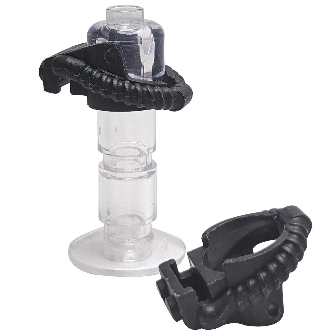 Two black minifigure fire helmet breathing hoses 6158, one on a clear stand.