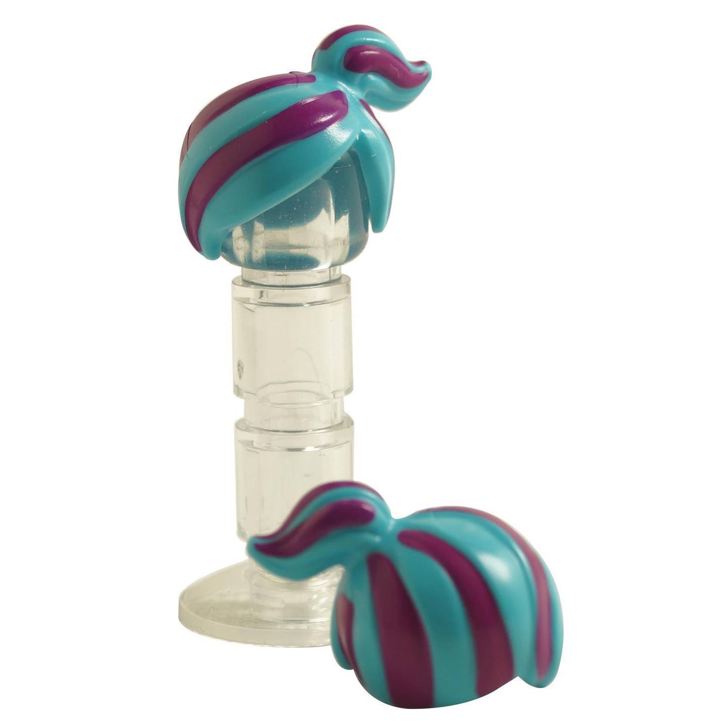 LEGO minifigure hairpiece featuring an off-center ponytail with magenta stripes pattern