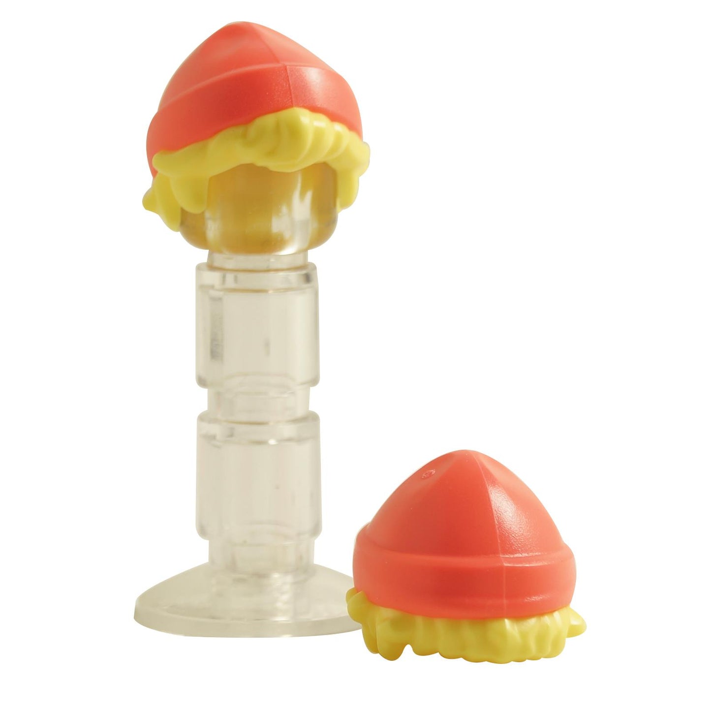 Minifigure hair 5492pb01 with molded coral beanie and light yellow tousled hair detail